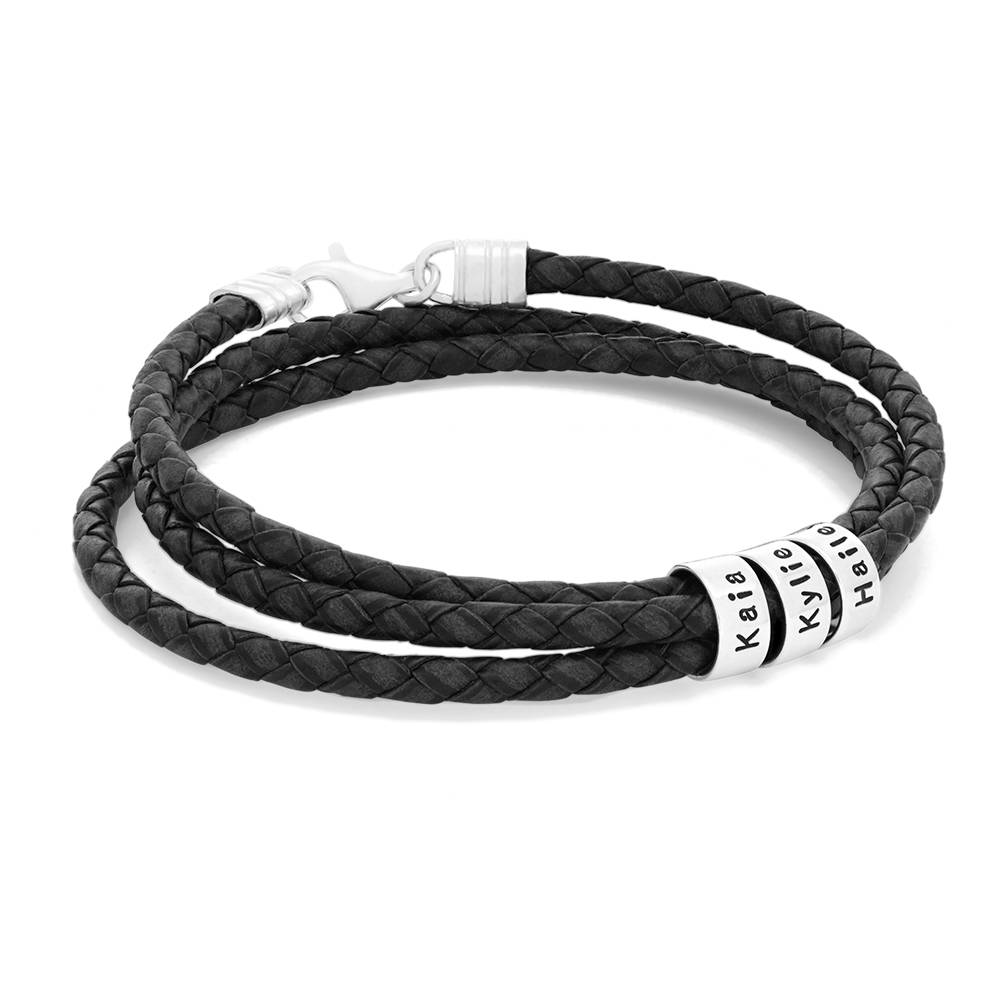 Navigator Gevlochten Zwarte Lederen Herenarmband met Gepersonaliseerde Kralen in 925 Zilver