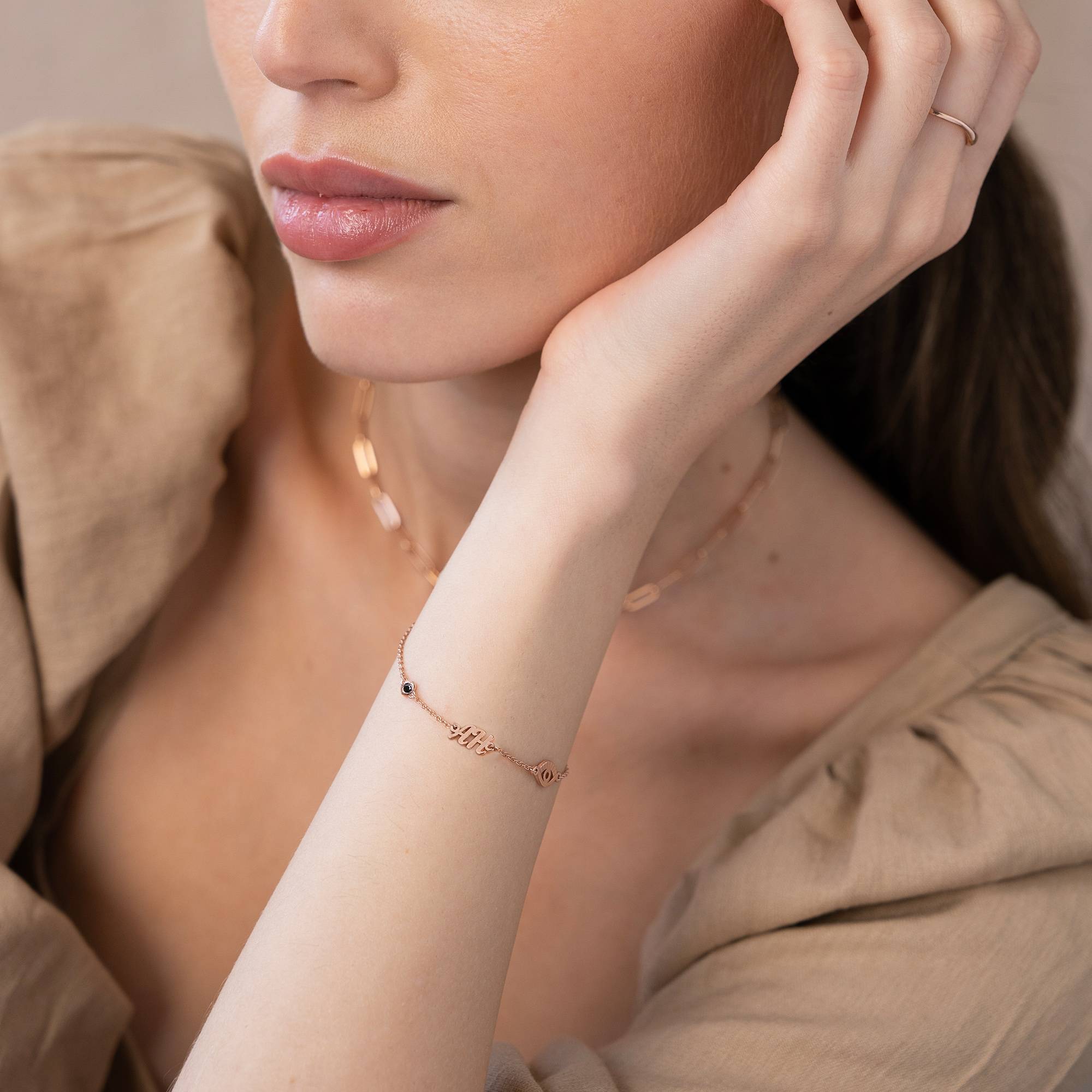 Bridget Evil Eye Initial Bracelet with Gemstone in 18K Rose Gold Plating-3 product photo