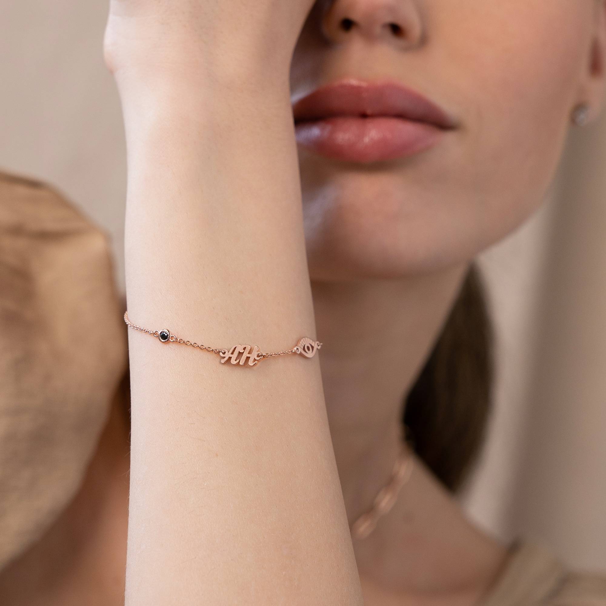 Bridget Evil Eye Initial Bracelet/Anklet with Gemstone in 18K Rose Gold Plating-3 product photo