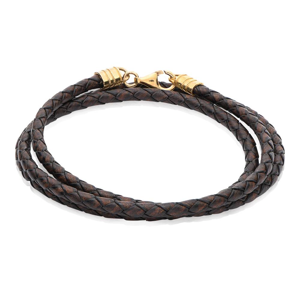 Gevlochten Bruine Leren Armband voor Mannen in Goud Vermeil
