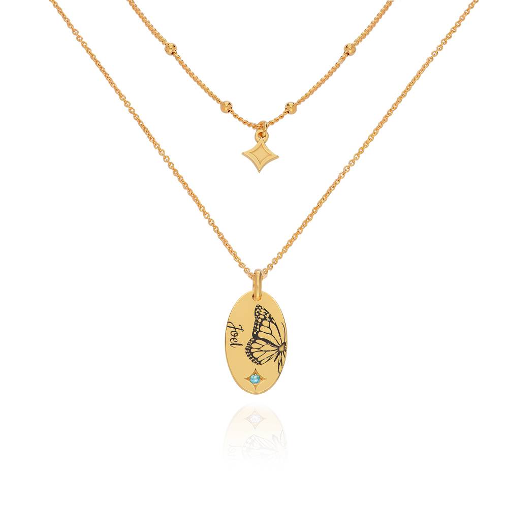 Halskette im Lagenlook mit Geburtsstein und Schmetterling - 750er vergoldetes Silber-5 Produktfoto