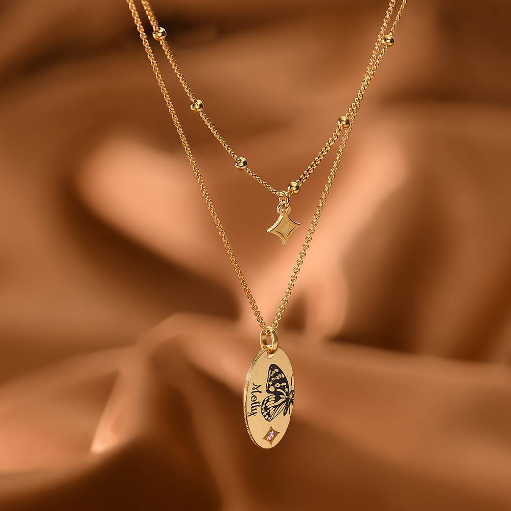 Halskette im Lagenlook mit Geburtsstein und Schmetterling - 750er vergoldetes Silber-2 Produktfoto