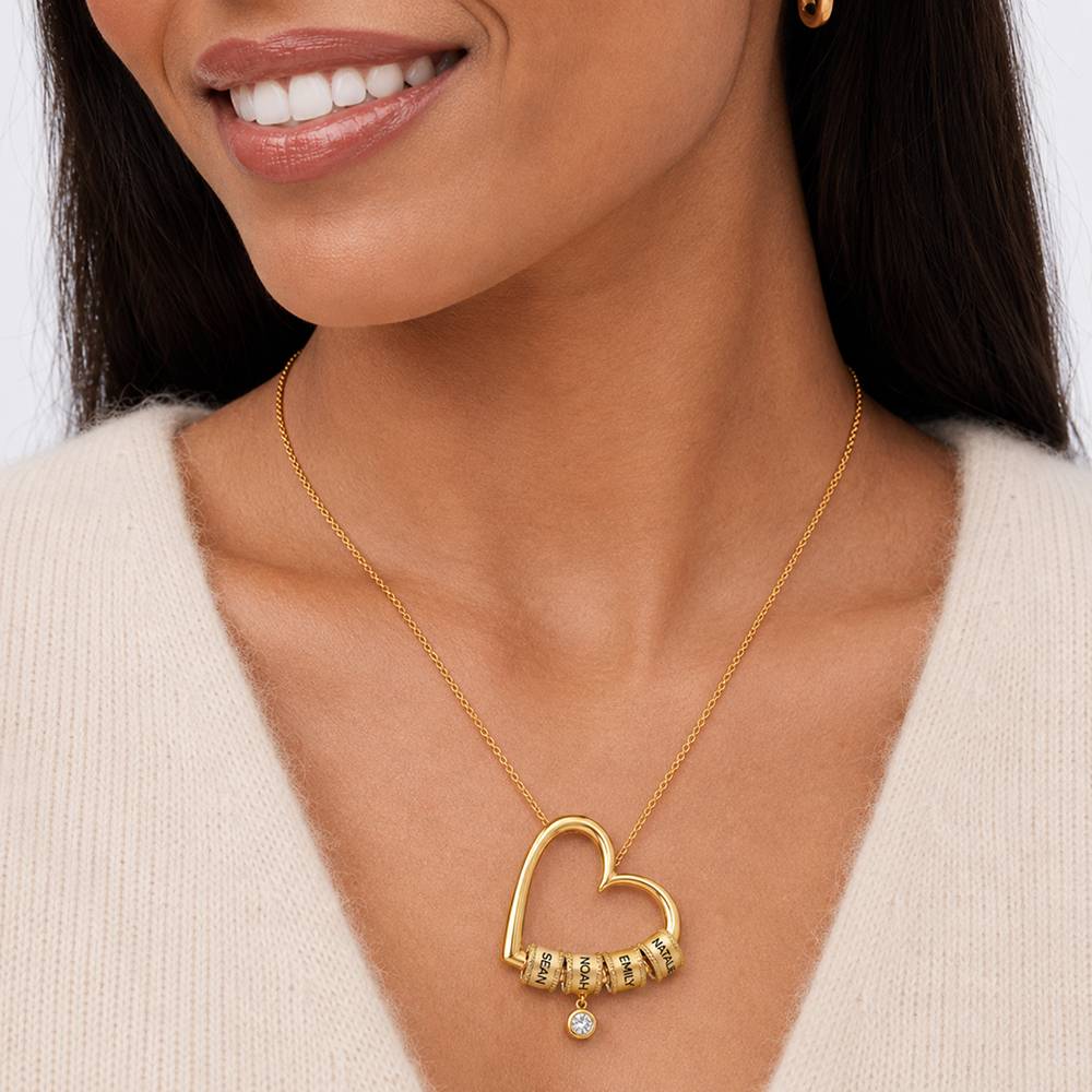Collar Corazón Encantador con Cuentas Grabadas y Diamante de 0.25ct en Baño de Oro-5 foto de producto