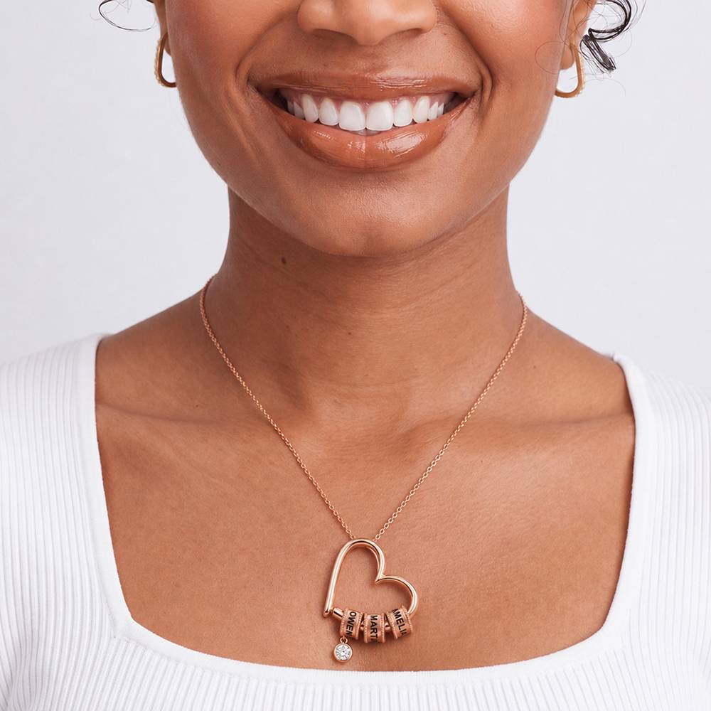 Charming Heart Necklace with Engraved Beads & 1CT Diamond in Rose Gold Plating-4 product photo