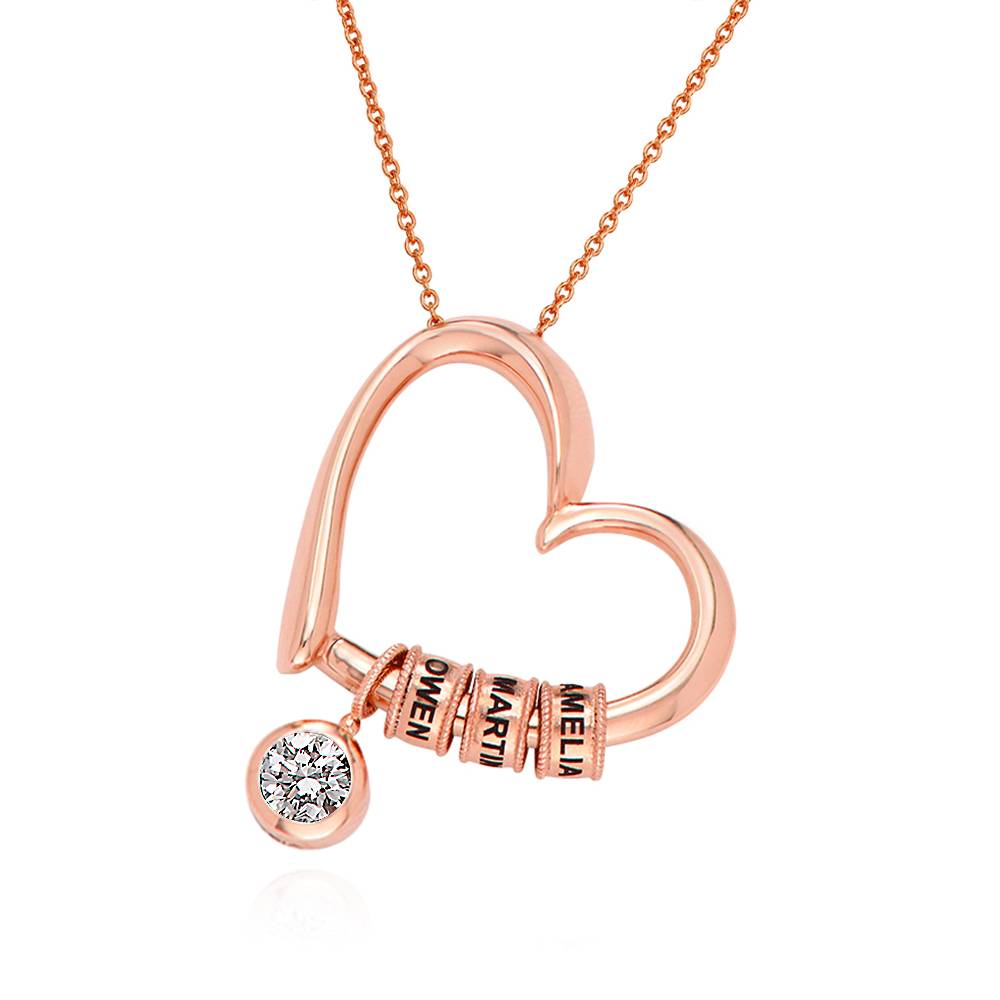 Charming Hart Ketting met Gegraveerde Kralen en 1 krt Diamant in Rosé Verguld