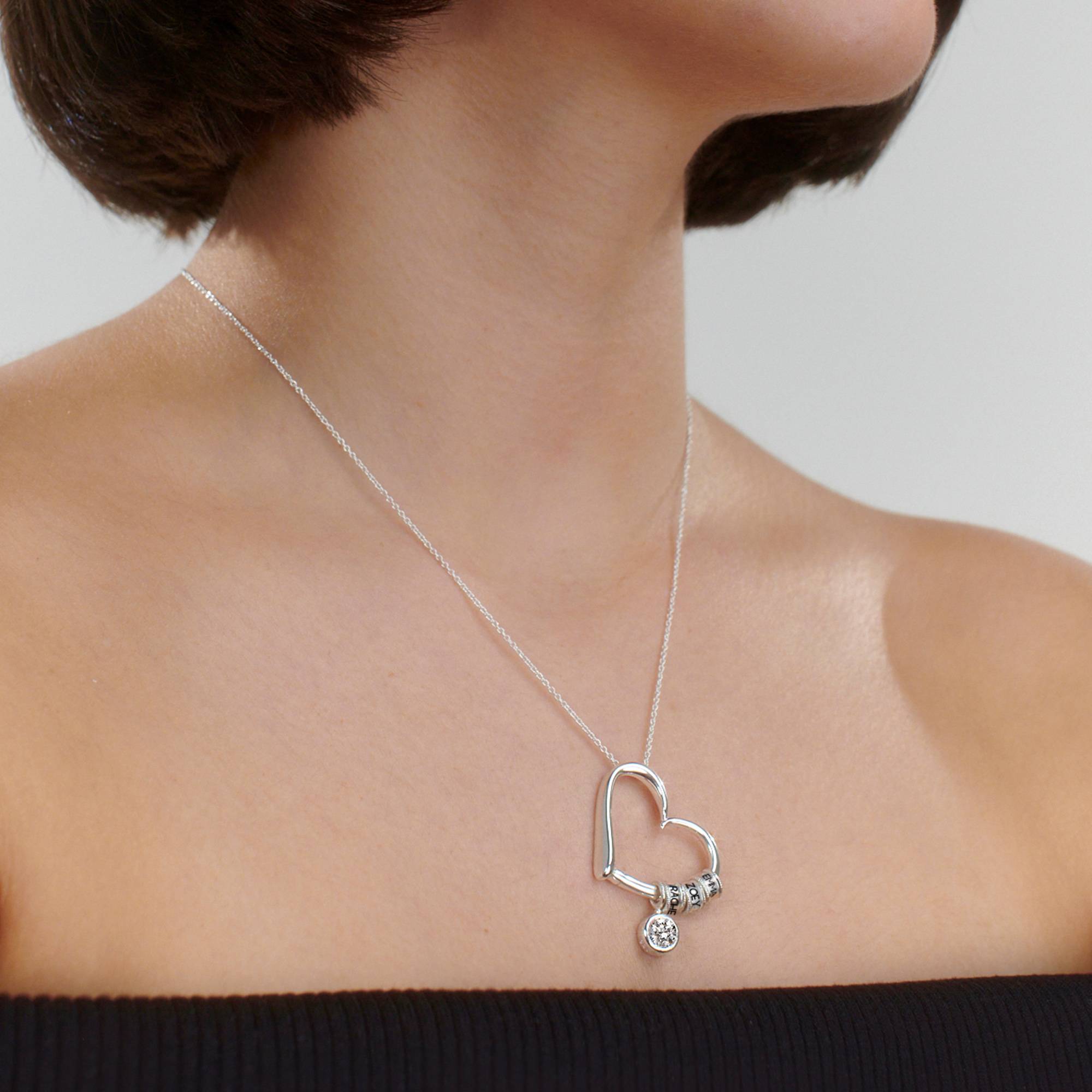 Collier de charme en forme de cœur avec perles gravées & 1 ct diamant en Argent 925-1 photo du produit
