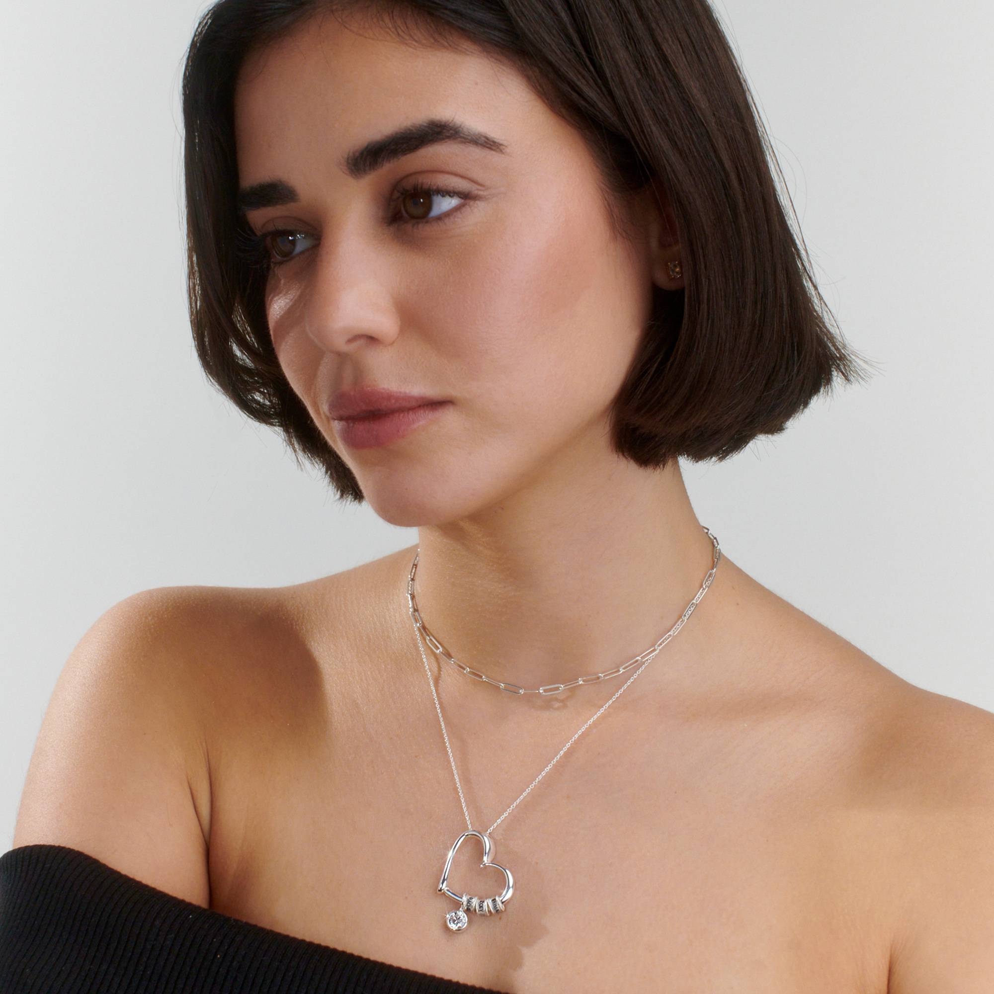 Collier de charme en forme de cœur avec perles gravées & 1 ct diamant en Argent 925-6 photo du produit