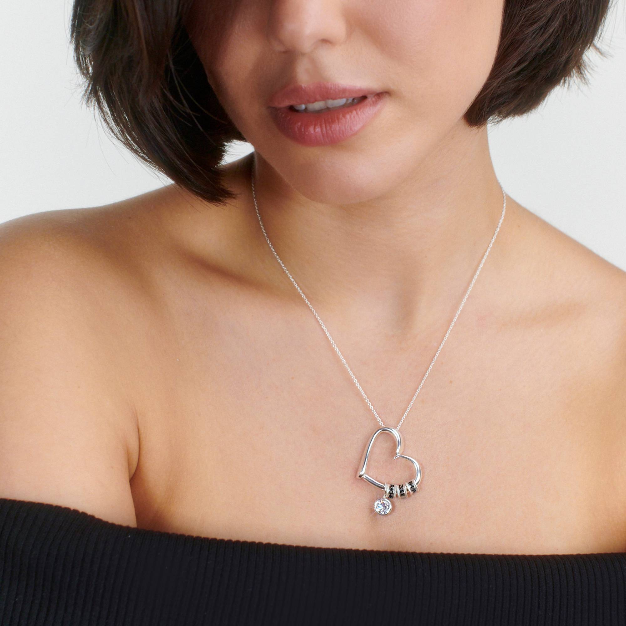Collar Corazón Encantador con Cuentas Grabadas y Diamante de 1CT en Plata Esterlina-5 foto de producto