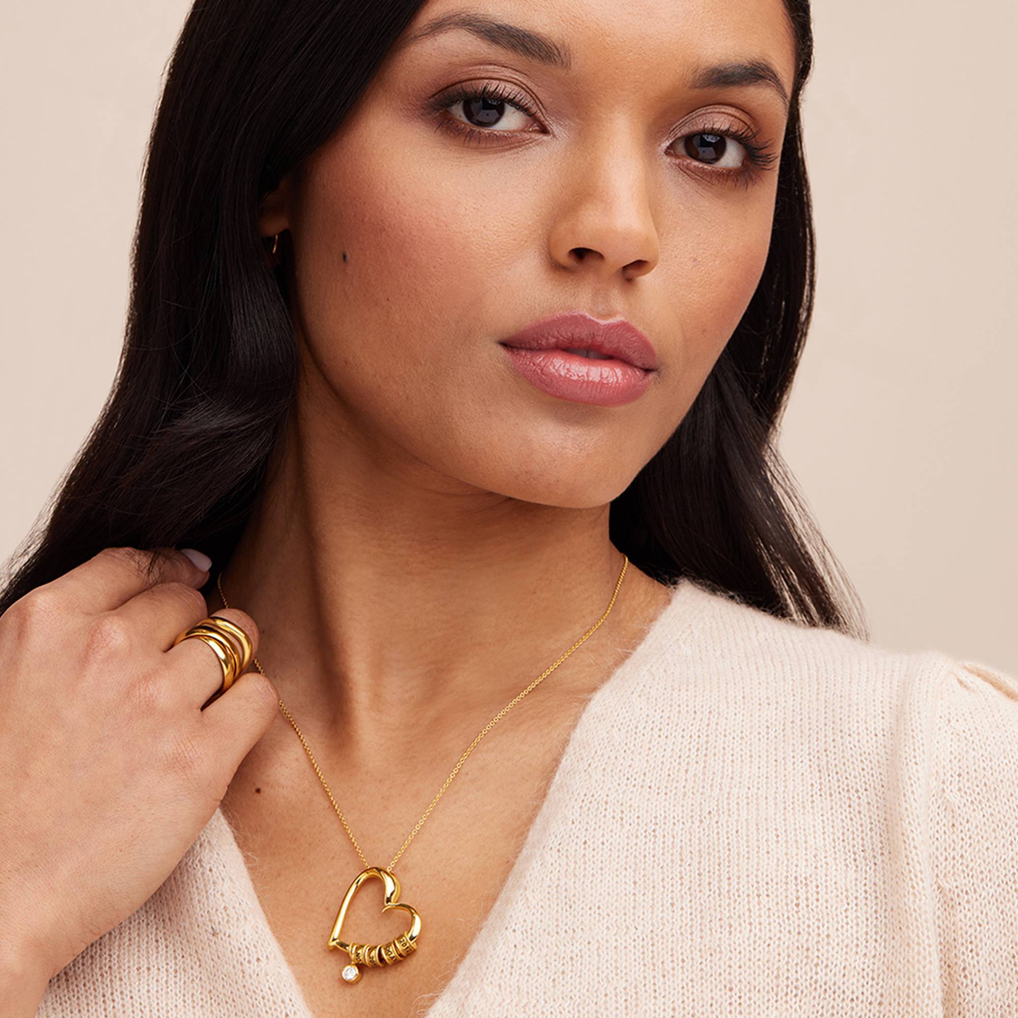 Collar "Charming Heart" con cuentas grabadas y 0.25ct diamantes en oro vermeil-4 foto de producto