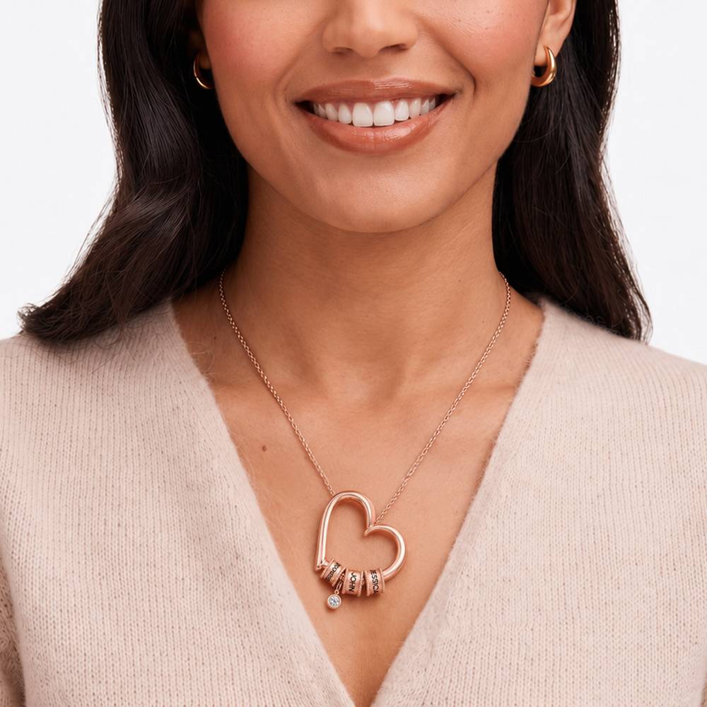 Charming Heart Necklace with Engraved Beads and 0.25ct Diamond in Rose Gold Plating-3 product photo