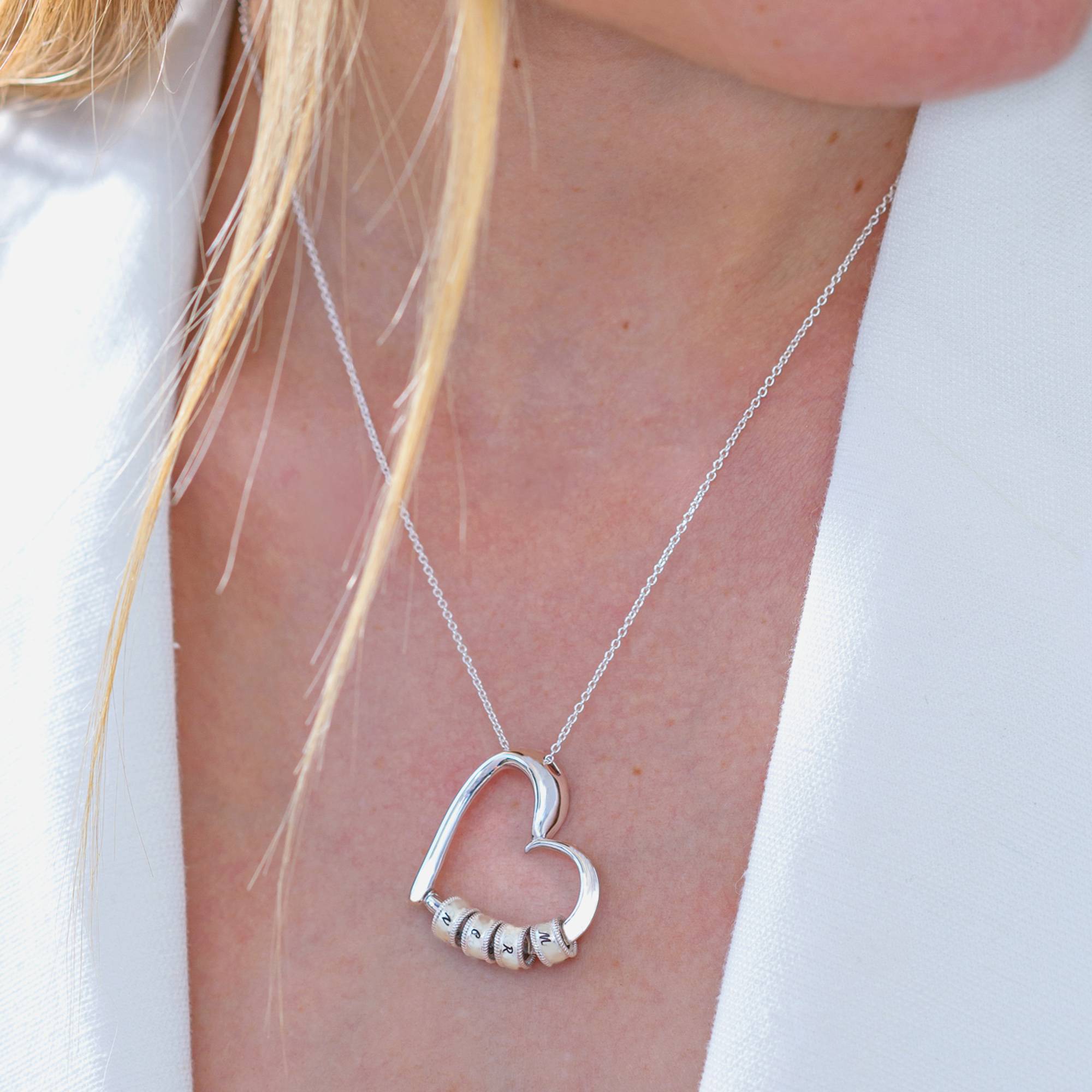 Charming Heart Necklace with Engraved Initial Beads in Sterling Silver-5 product photo