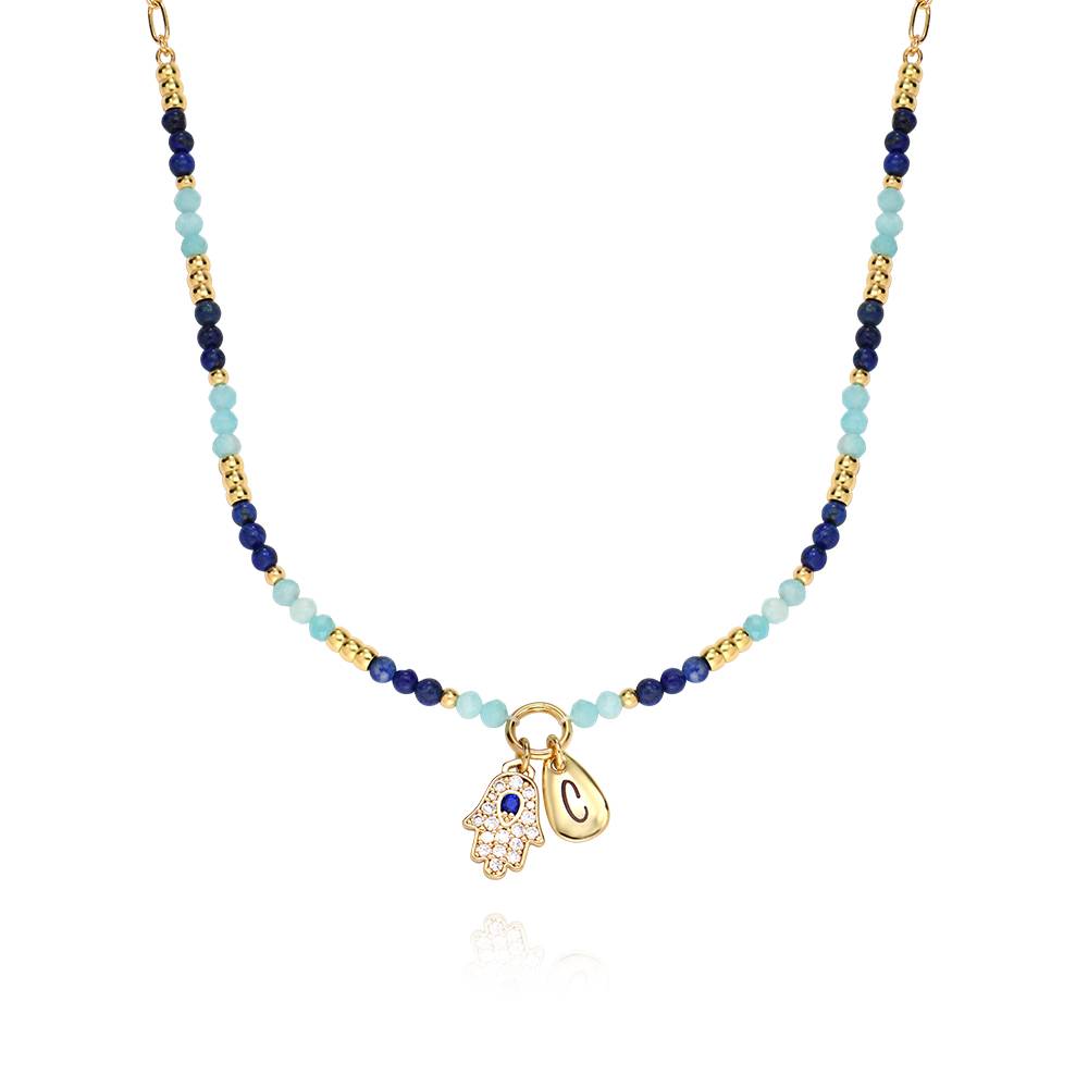 Coastal Hamsa Initial Necklace with Semi-Precious Beads in 18K Gold product photo