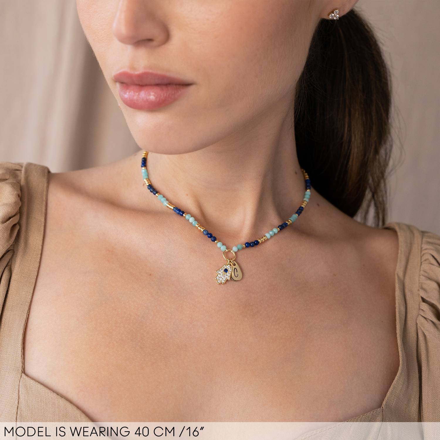 Coastal Hamsa Initial Necklace with Semi-Precious Beads in 18K Gold Plated Brass-3 product photo