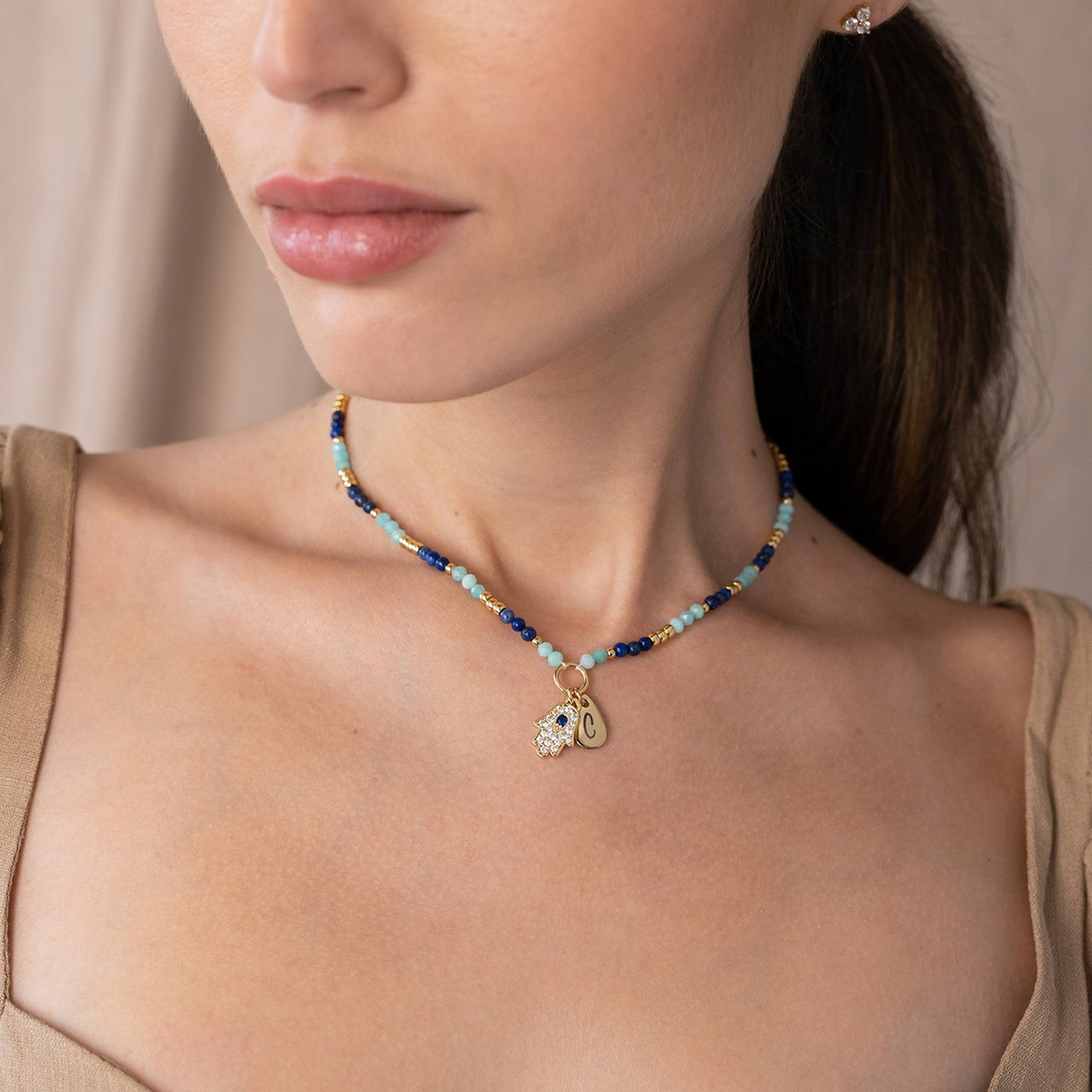 Coastal Hamsa Intial Necklace with Semi-Precious Beads in 18K Gold Plating-4 product photo
