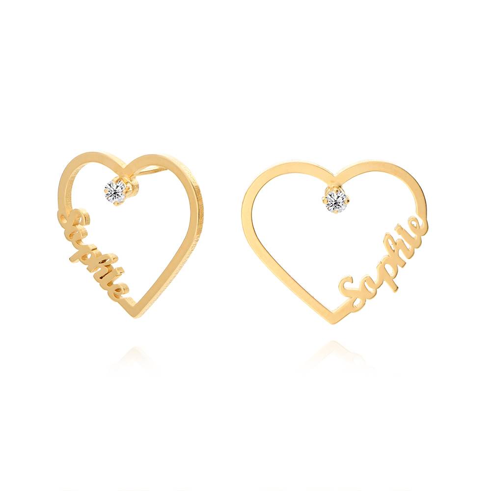 Herzförmige Namensohrringe mit 0,05CT Diamant - 750er vergoldetes Produktfoto