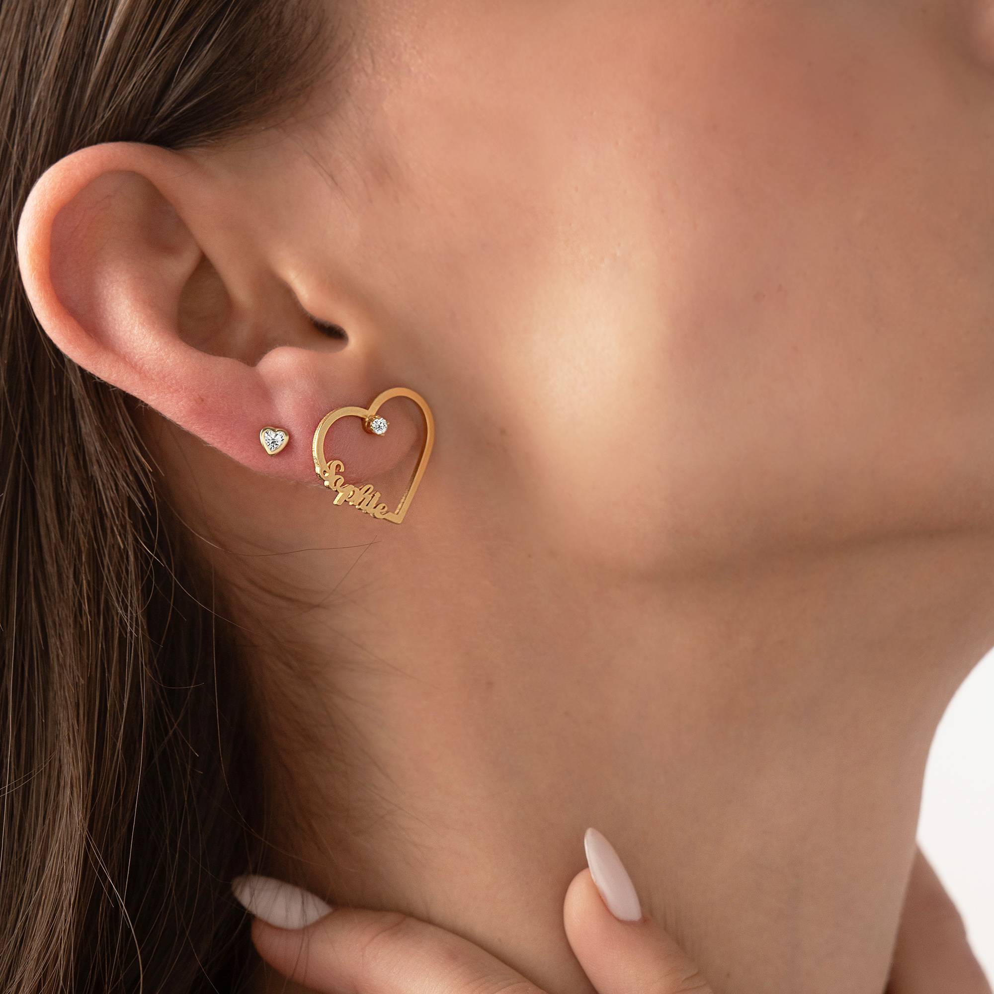 Boucle d'oreille Cœur Prénom en Plaqué Or 18 carats avec 0.05CT Diamant-2 photo du produit