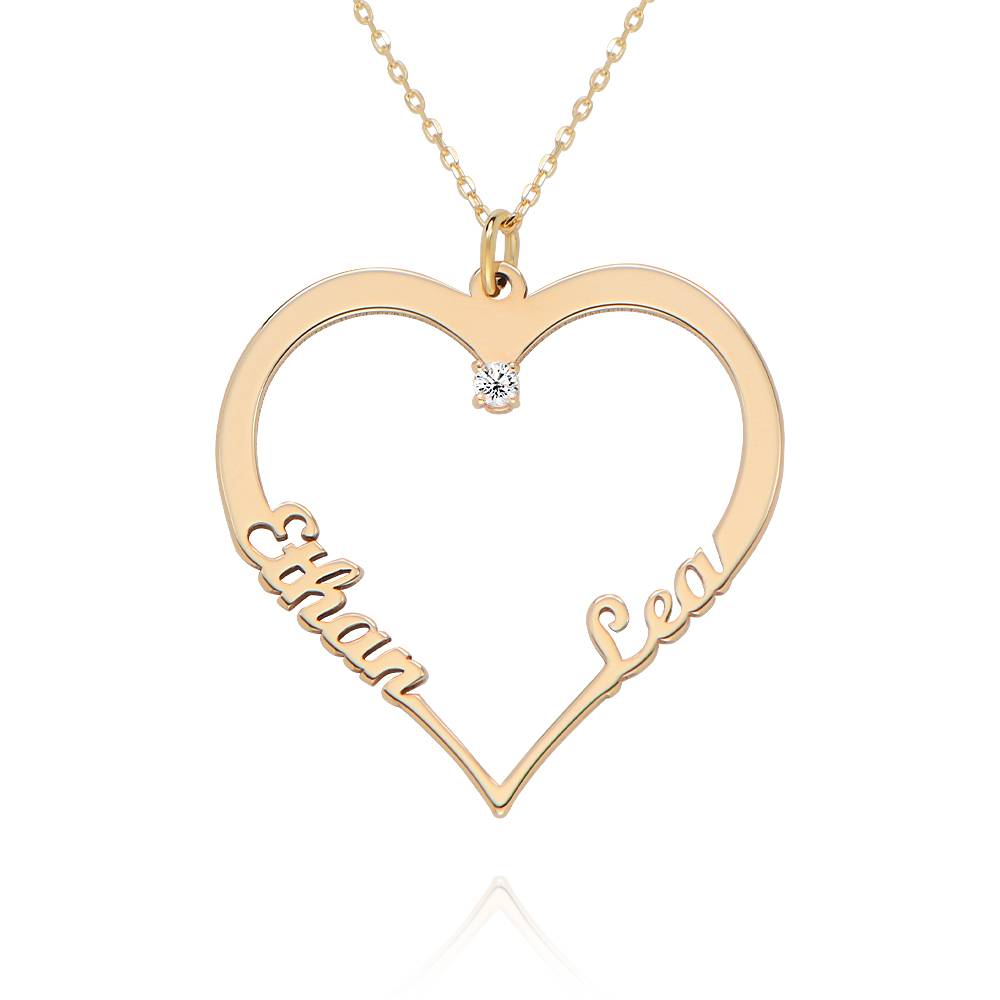 Collana con Ciondolo Contour Heart con Due Nomi in Oro Giallo 14K e Diamante di Laboratorio foto del prodotto