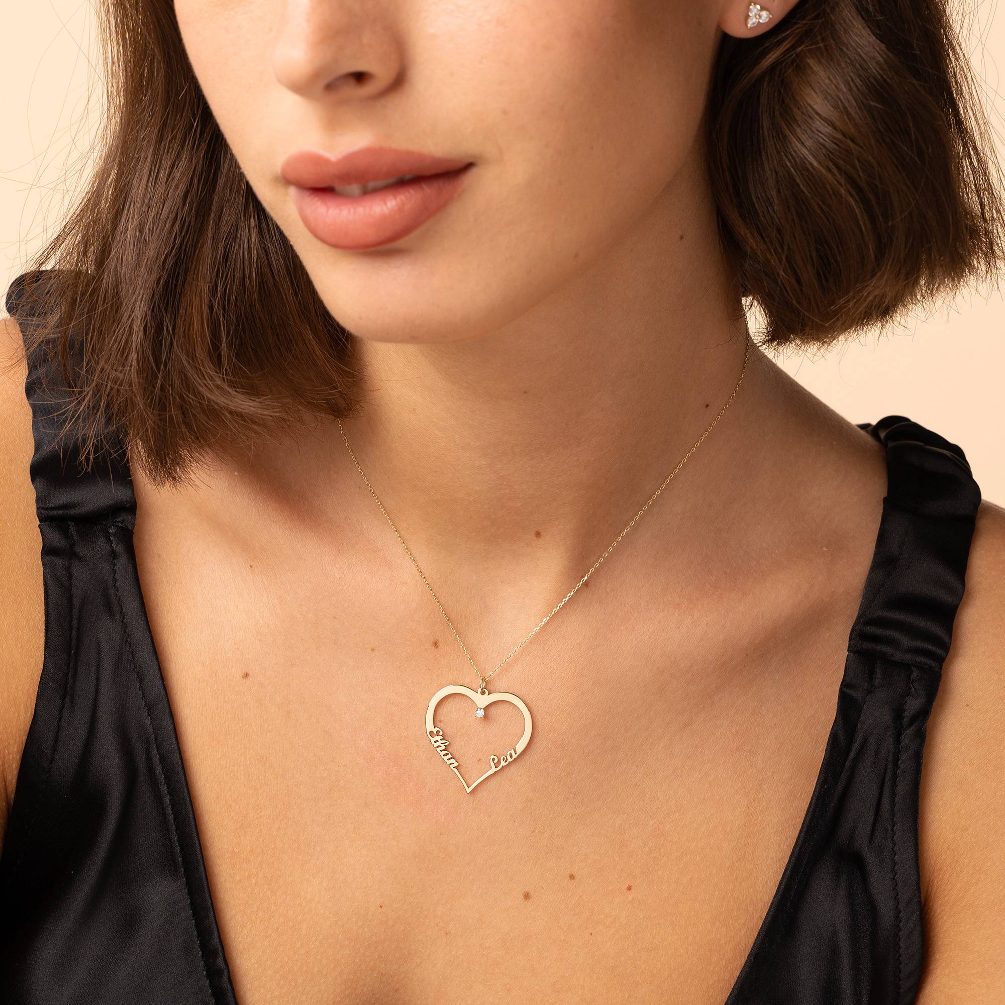 Collier Cœur avec Deux Prénoms en Or Jaune 14 carats avec Diamant-2 photo du produit