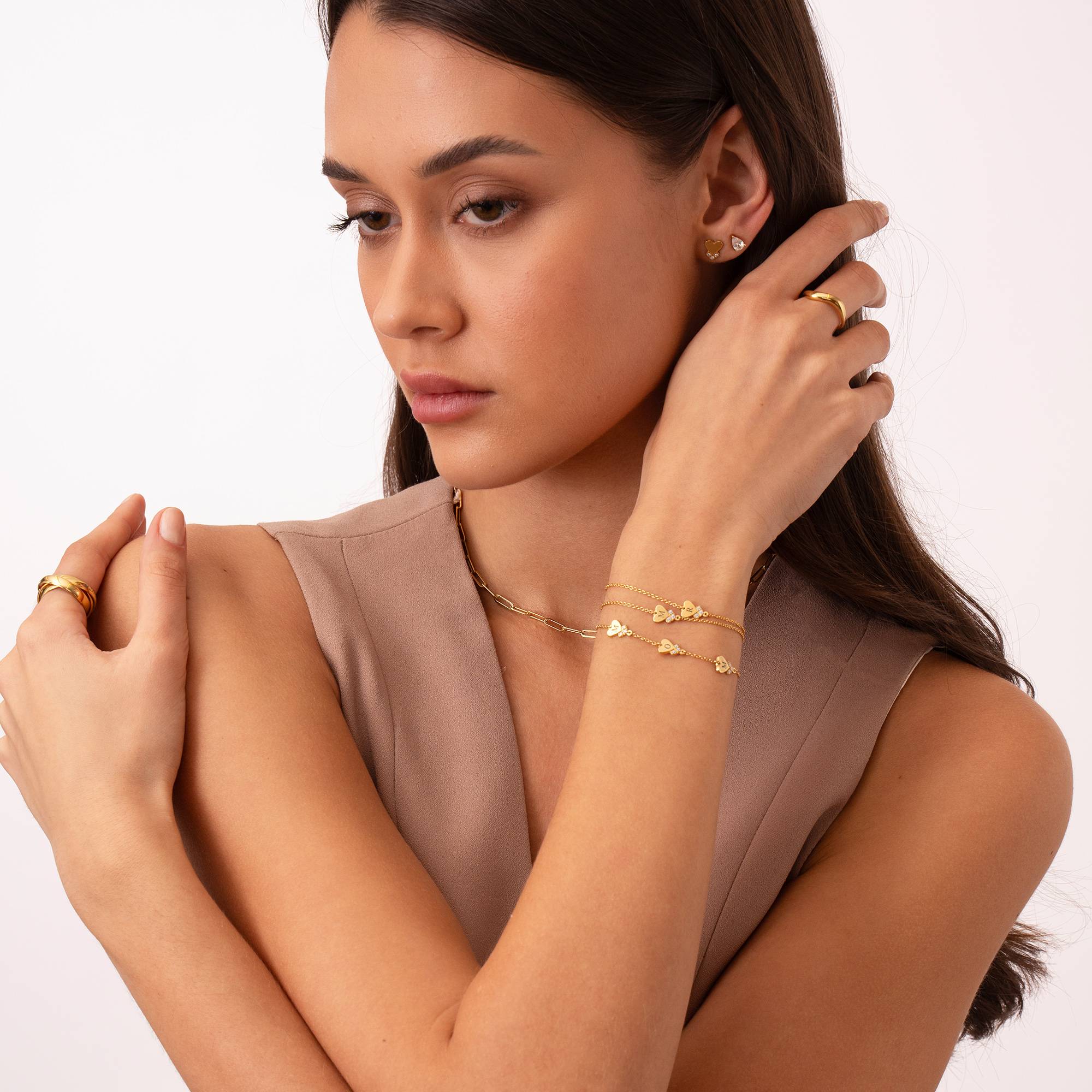 Bracelet Initiale Cœur Dakota avec Diamants en Plaqué Or 18 carats-3 photo du produit