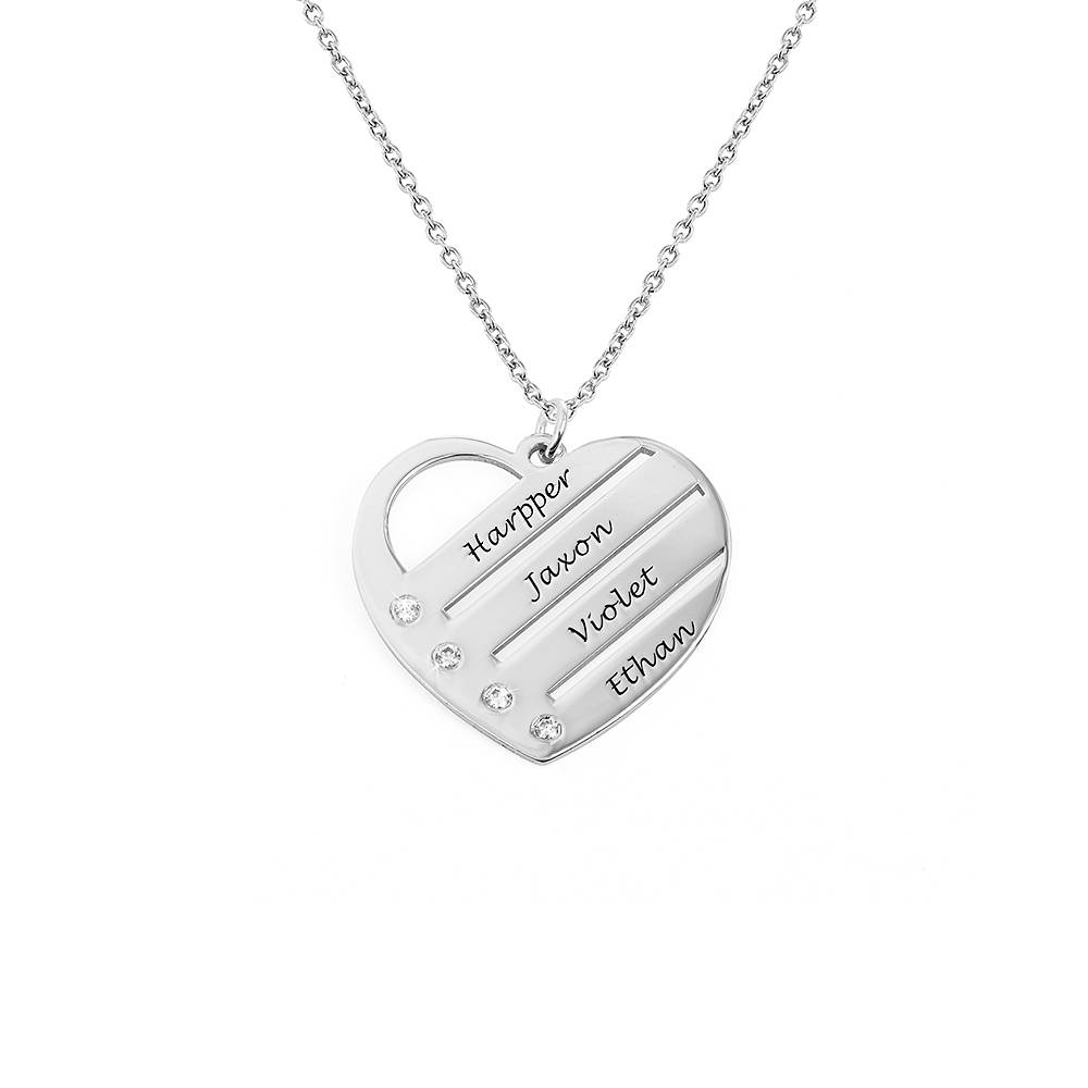 Diamond Heart Necklace with Engraved Names in Premium Silver product photo