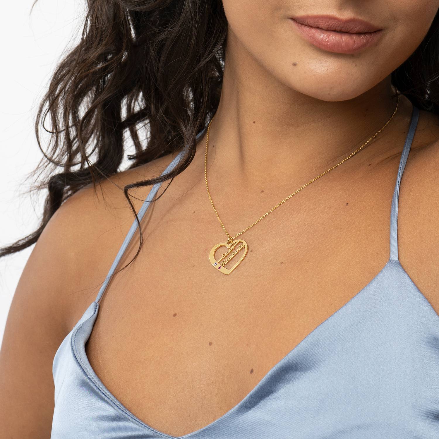 Collar de Corazón Ella con piedras de nacimiento y nombres en Oro Vermeil de 18K-4 foto de producto