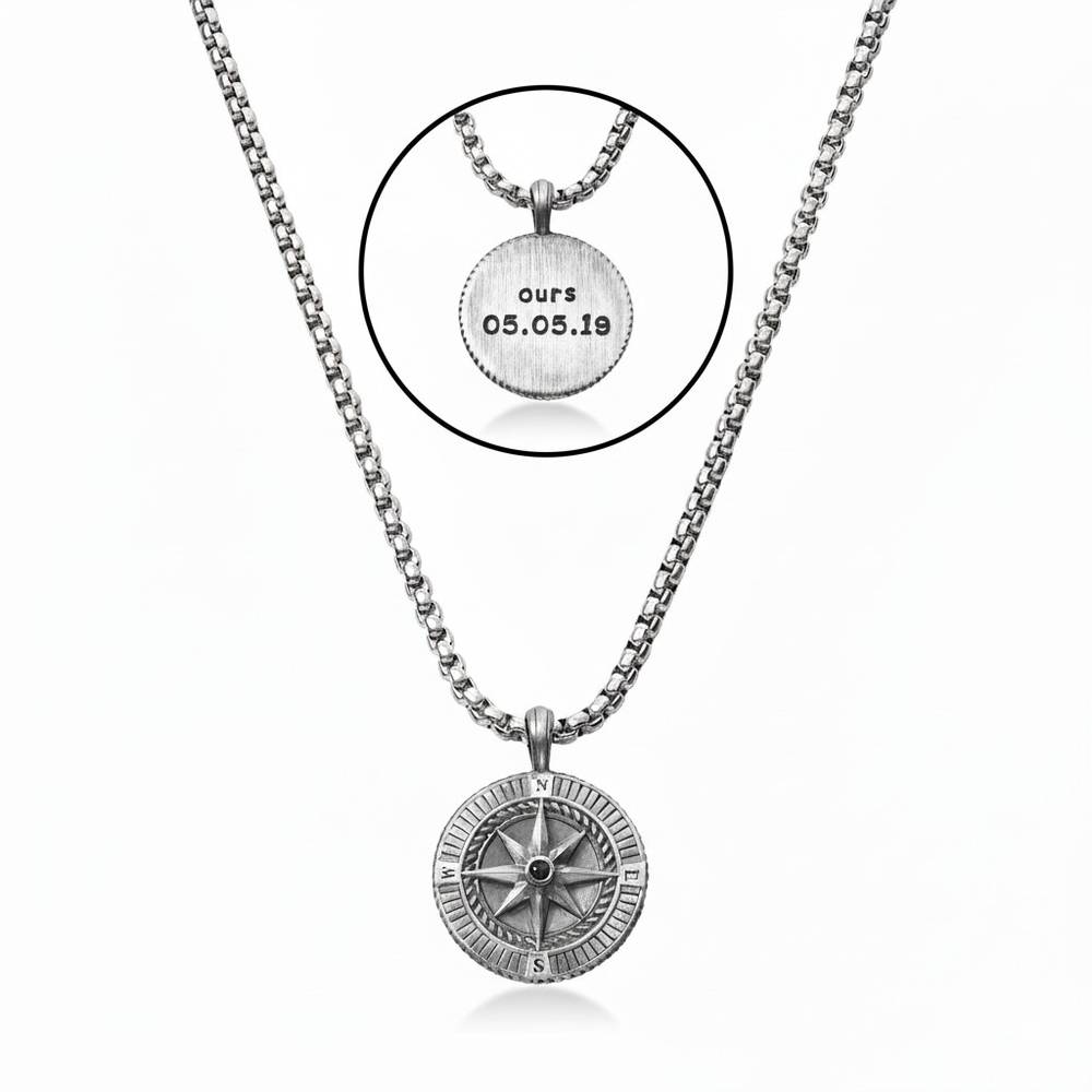 Gegraveerde Kompas Ketting voor Mannen in 925 Zilver