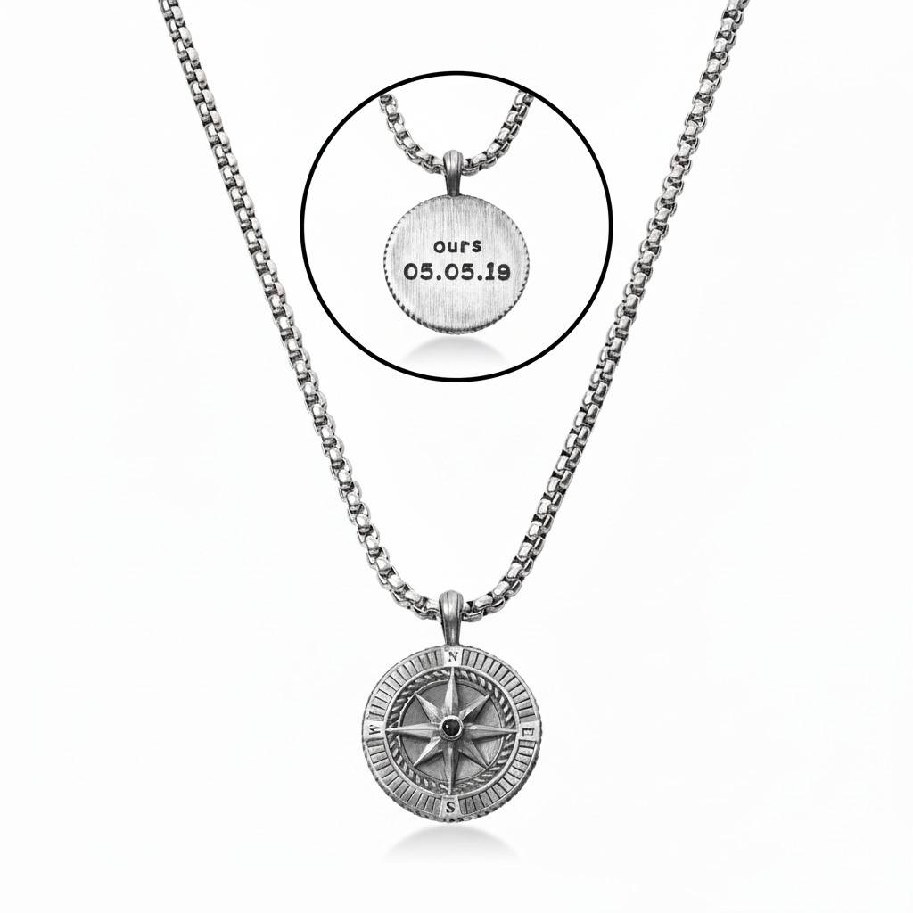 Collana con Bussola Incisa per Uomo in Argento Sterling-3 foto del prodotto