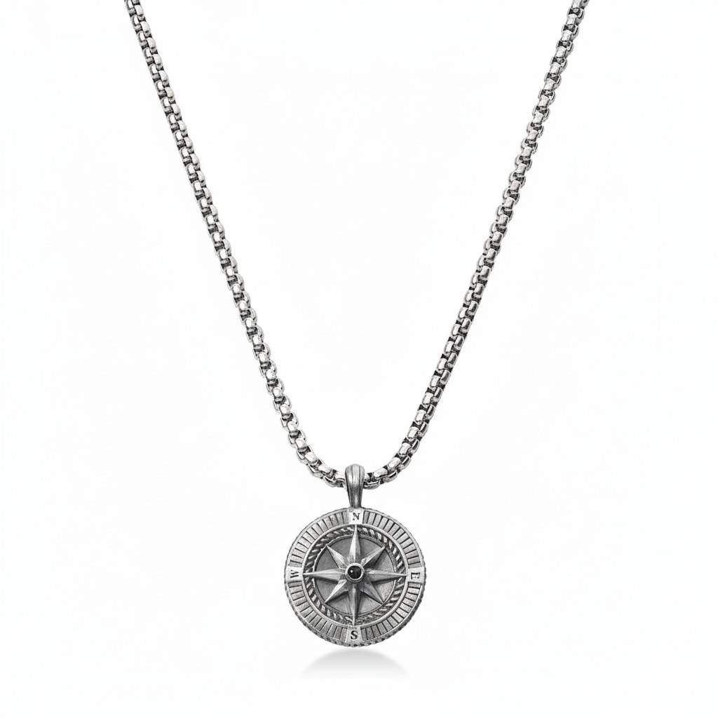 Collana con Bussola Incisa per Uomo in Argento Sterling-8 foto del prodotto