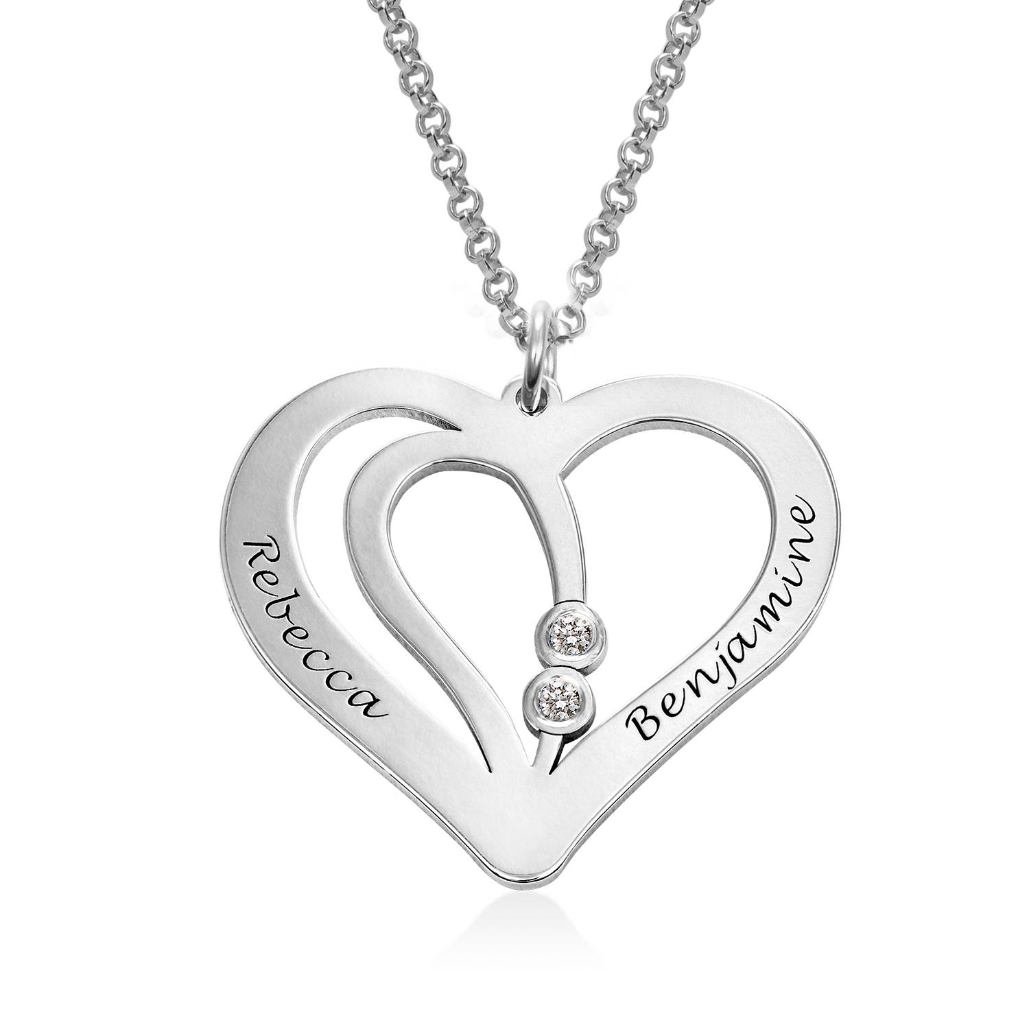 Engraved Couples Necklace with Diamonds in Sterling Silver-2 product photo