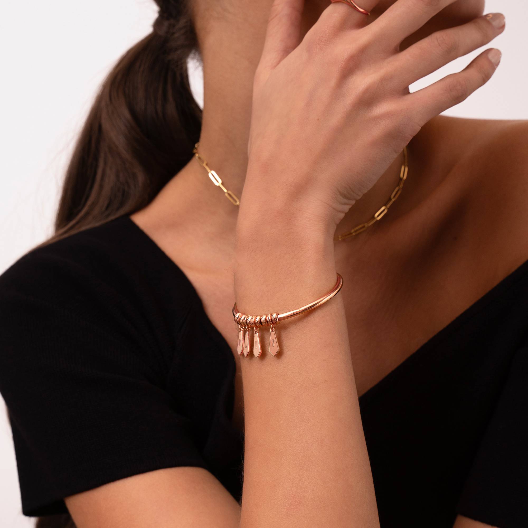 Gia Drop Initial Bangle Bracelet in 18K Rose Gold Plating-2 product photo