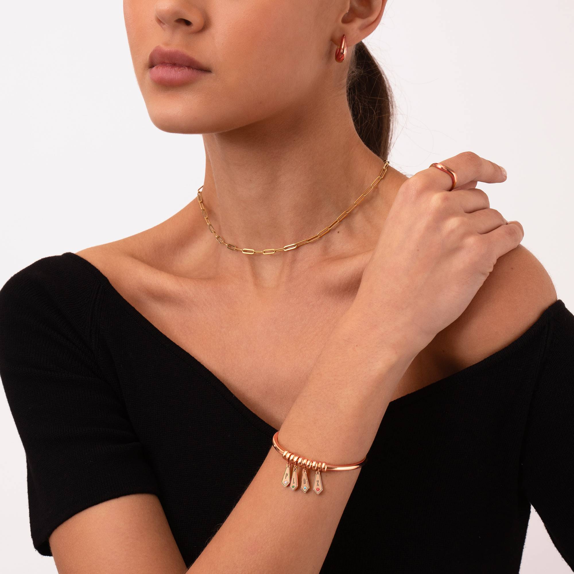 Gia Drop Initial Bangle Bracelet with Birthstones in 18K Rose Gold Plating-5 product photo