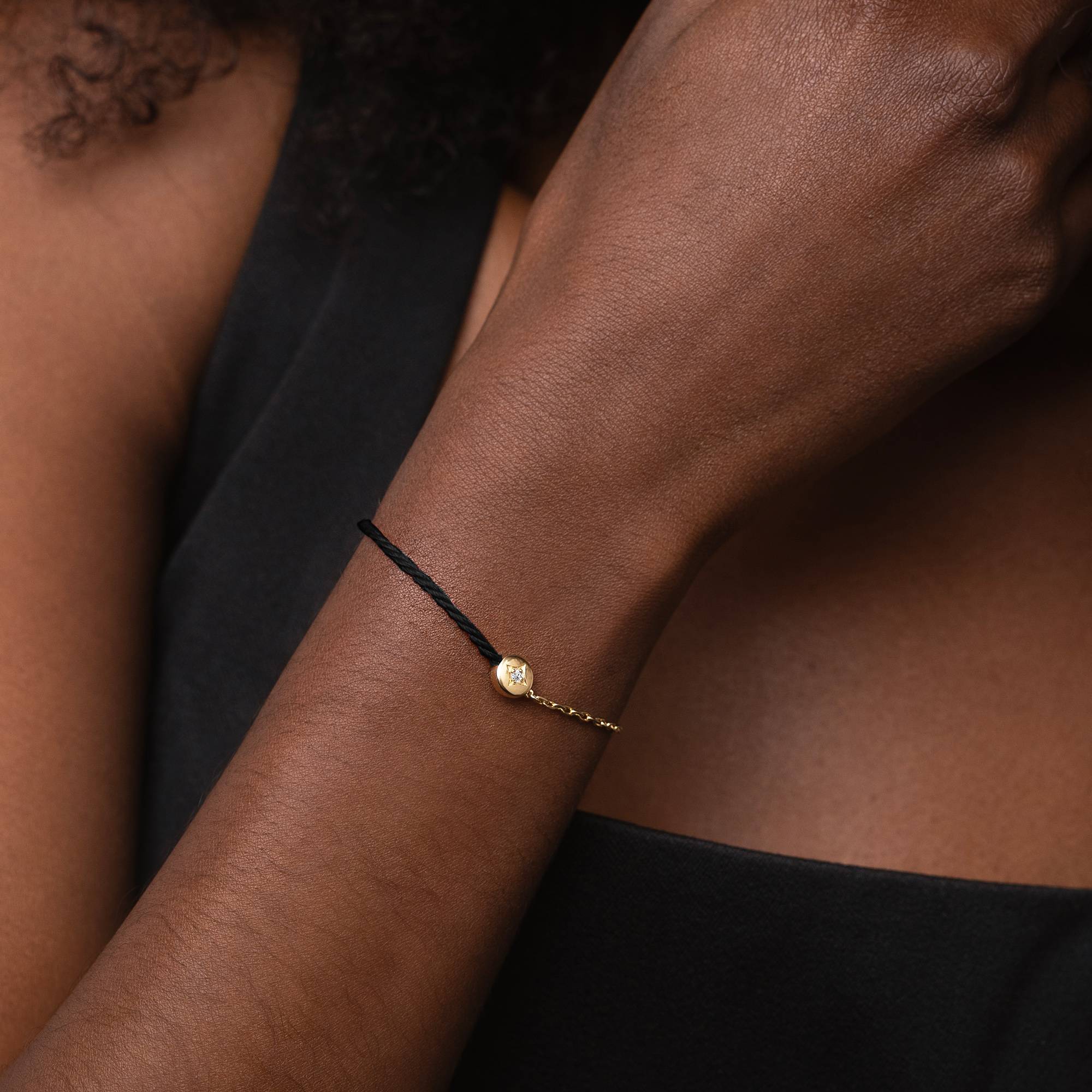 Half and Half Black Initial Bracelet with Diamond in 18K Gold Plating-4 product photo