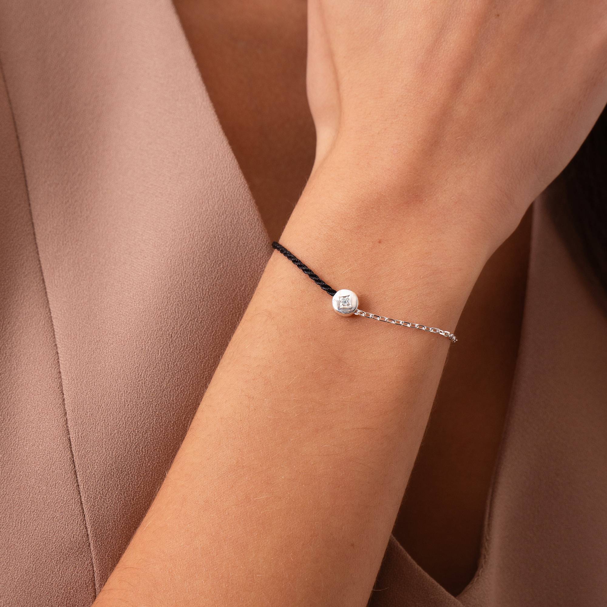 Bracelet Initiale "Half & Half" Noir avec Diamant en Argent Sterling-6 photo du produit