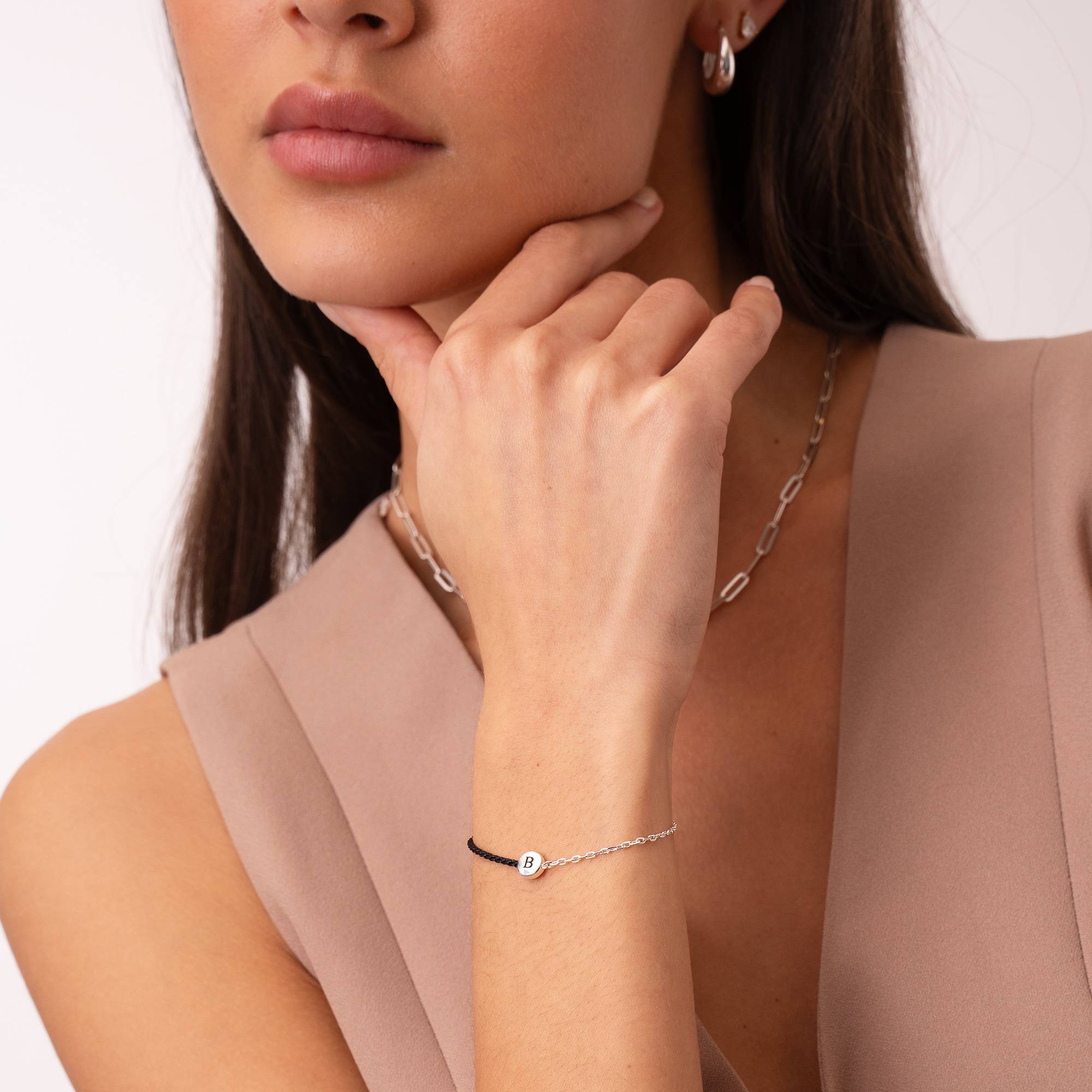 Bracelet Initiale "Half & Half" Noir avec Diamant en Argent Sterling-7 photo du produit