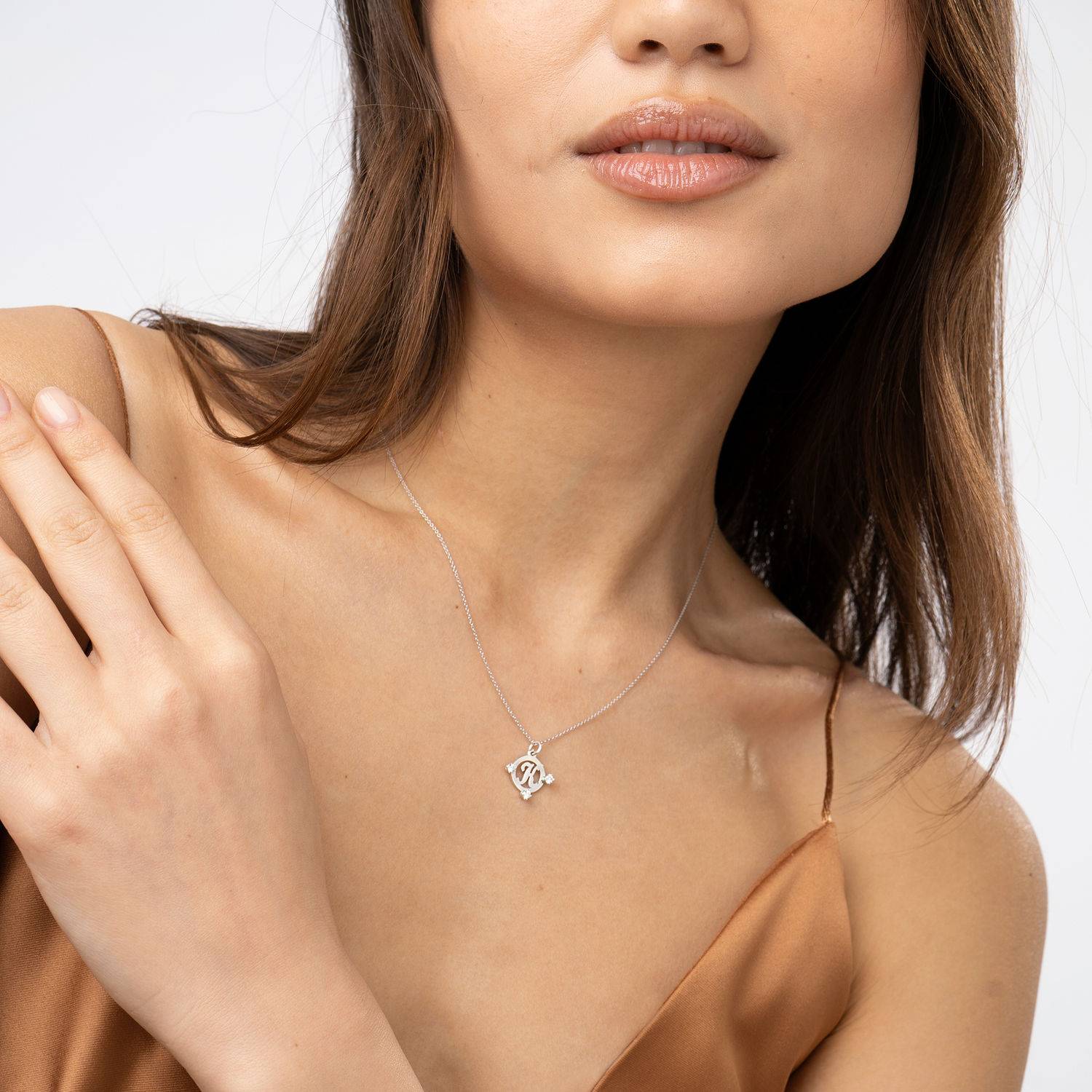 Halo Multi Initial Necklace with 0.05ct Diamonds in 14K White Gold-1 product photo