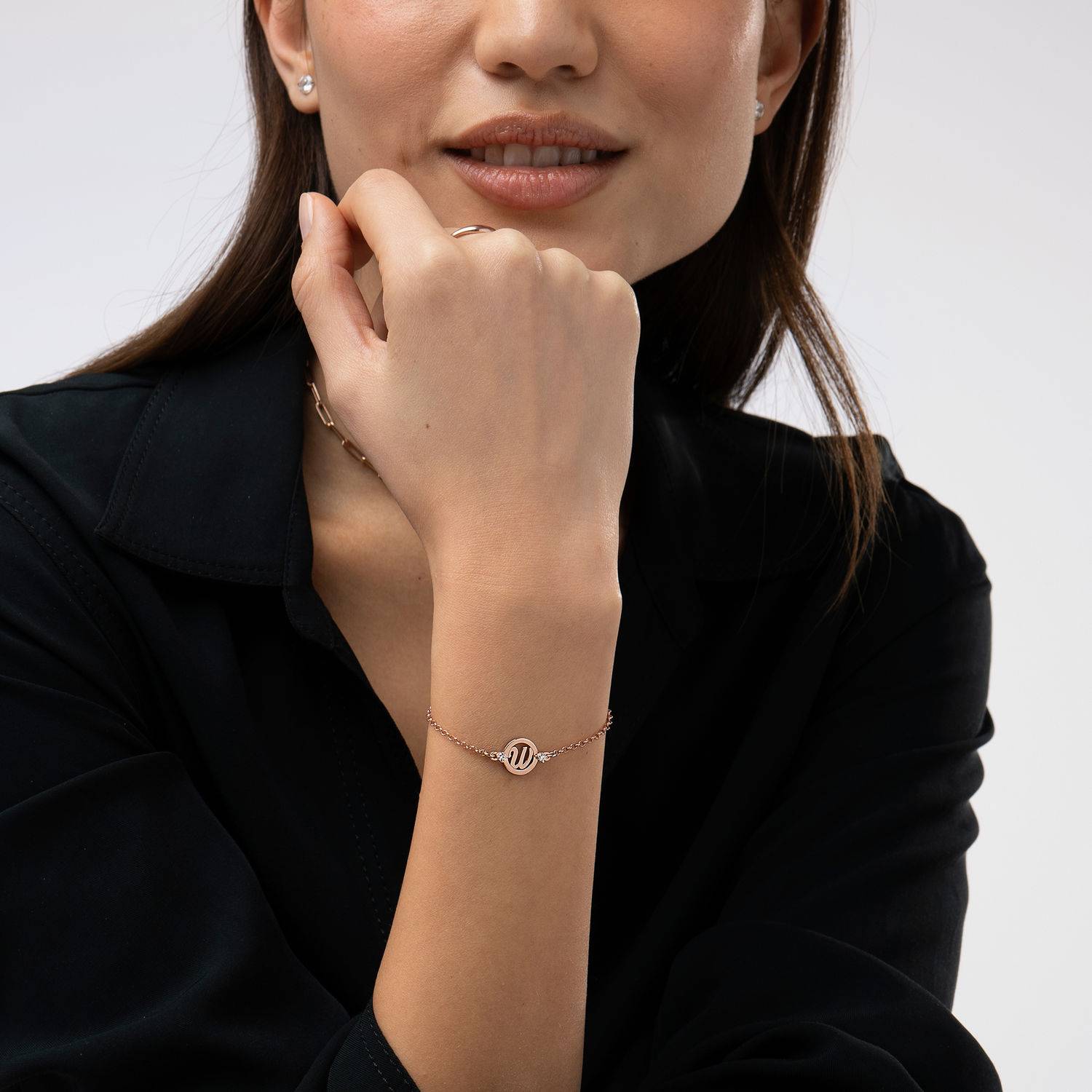 Bracelet Auréole Initiale avec zirkonia cubique en Plaqué Or Rose 18 carats-6 photo du produit