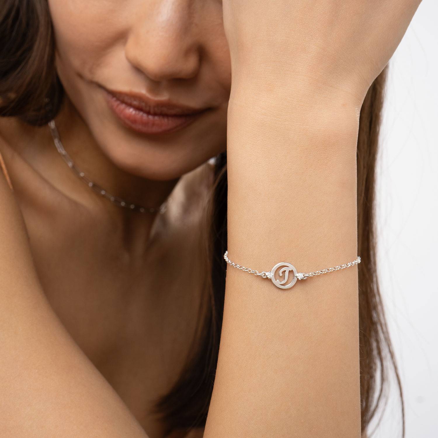 Halo Initial Bracelet with Cubic Zirconia in Sterling Silver-2 product photo