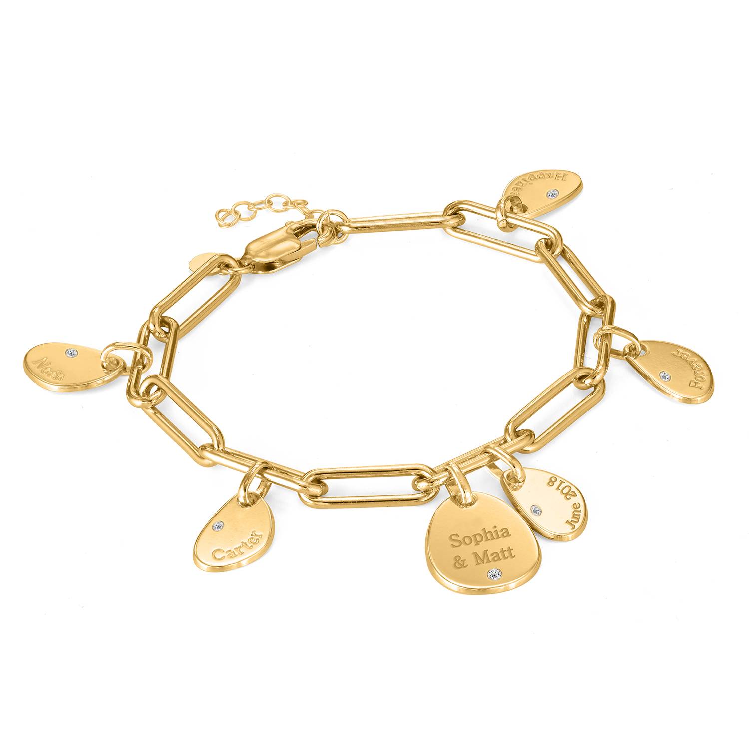 Hazel Personalized Paperclip Chain Link Bracelet with Engraved Charms & Diamonds in 18ct Gold Plating product photo