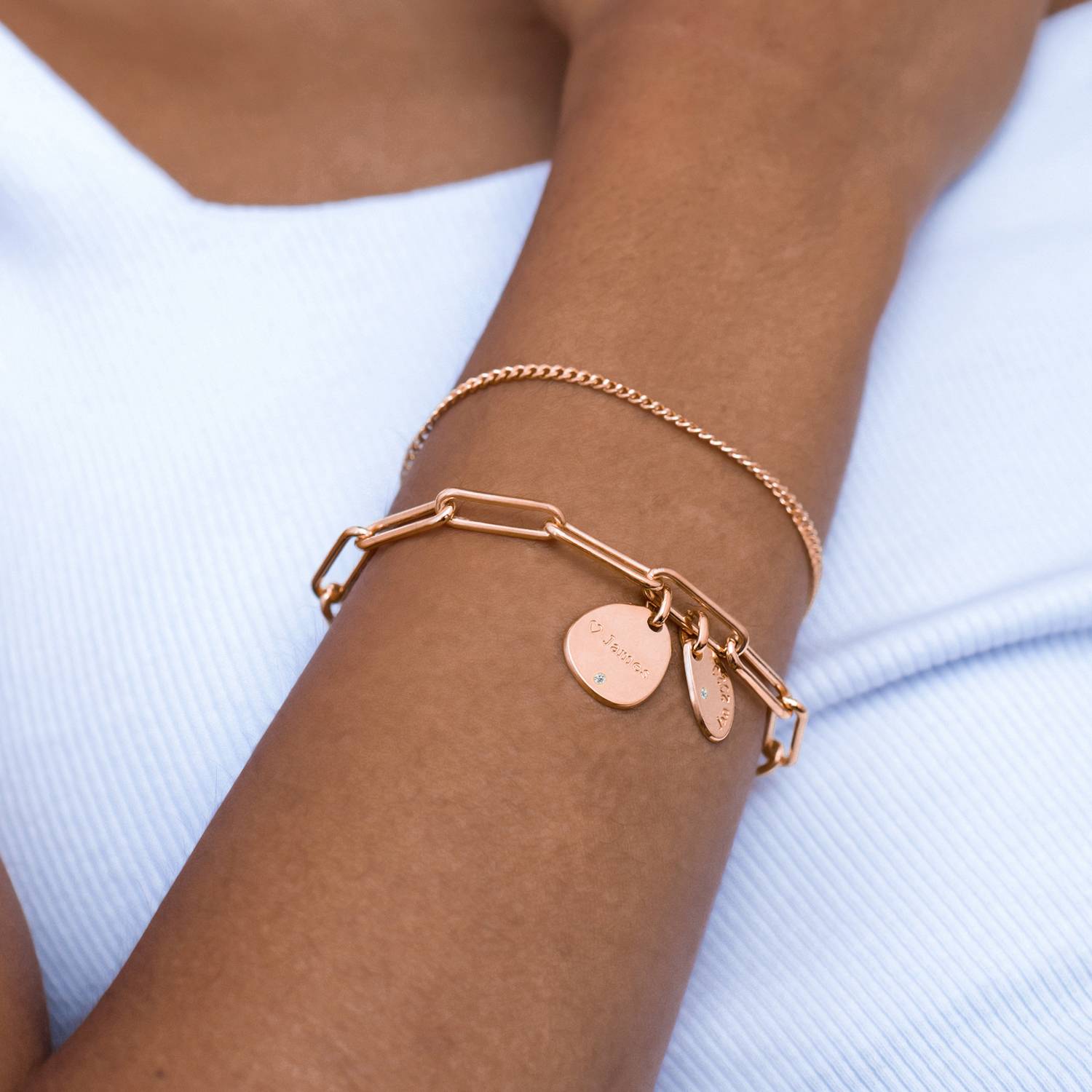 Hazel Personalized Paperclip Chain Link Bracelet with Engraved Charms & Diamonds in 18ct Rose Gold Plating-2 product photo