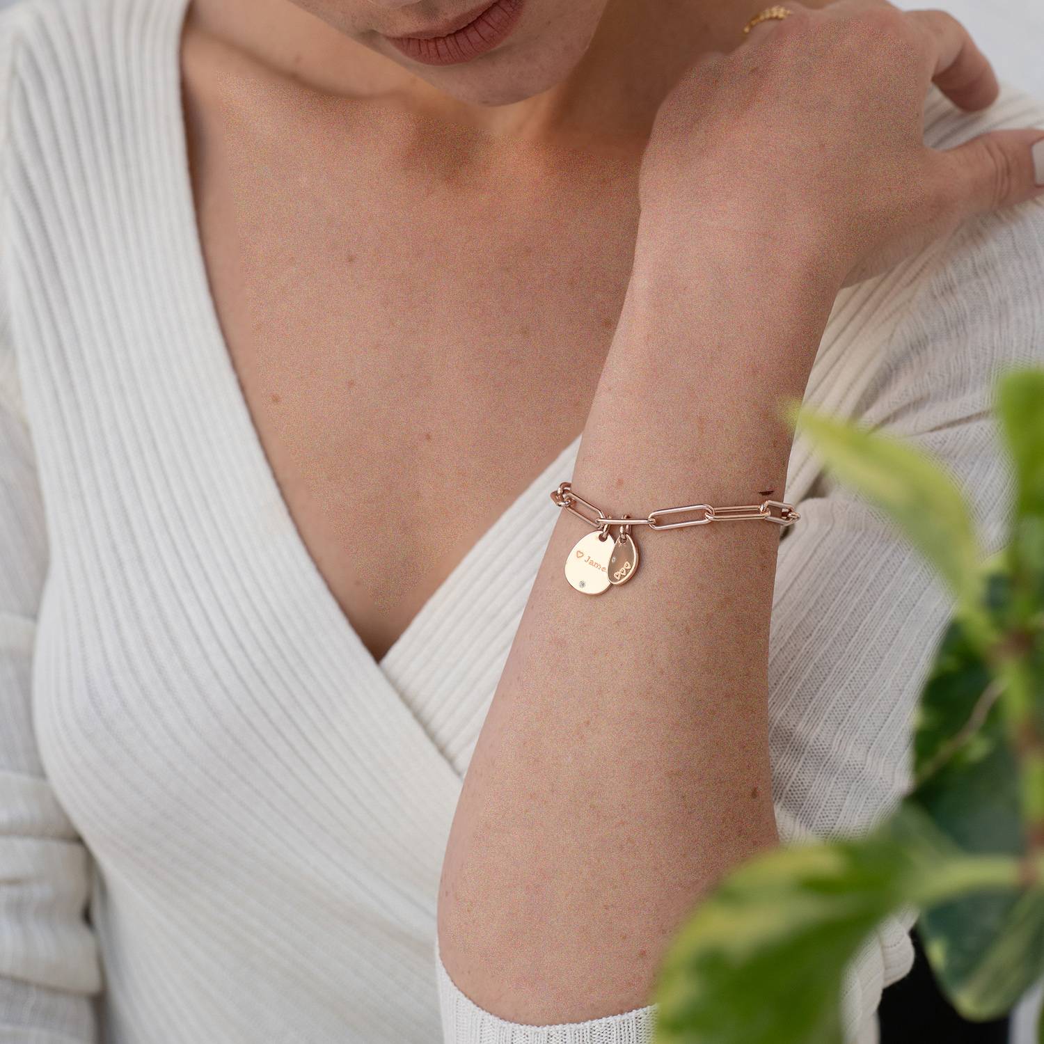 Hazel Personalized Paperclip Chain Link Bracelet with Engraved Charms & Diamonds in 18K Rose Gold Plating-2 product photo
