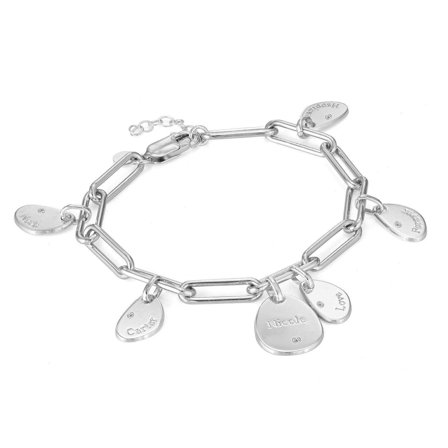 Bracelet Chaîne Personnalisée avec Diamant Charmes Gravées en Argent photo du produit