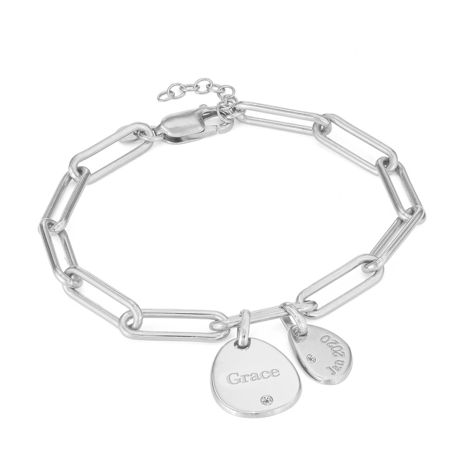 Hazel Personalized Paperclip Chain Link Bracelet with Engraved Charms & Diamonds in Sterling Silver-2 product photo