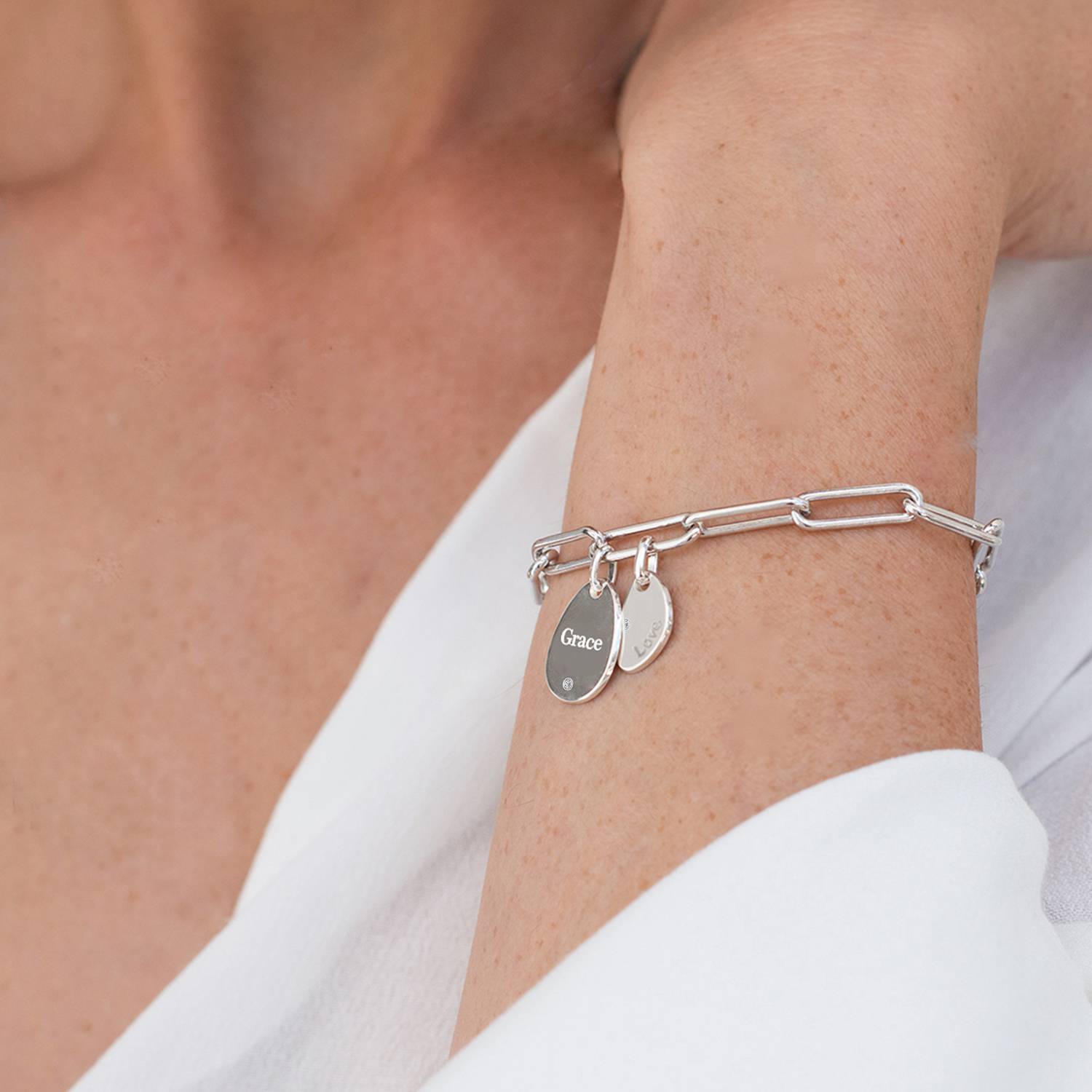 Hazel Personalized Paperclip Chain Link Bracelet with Engraved Charms & Diamonds in Sterling Silver-4 product photo