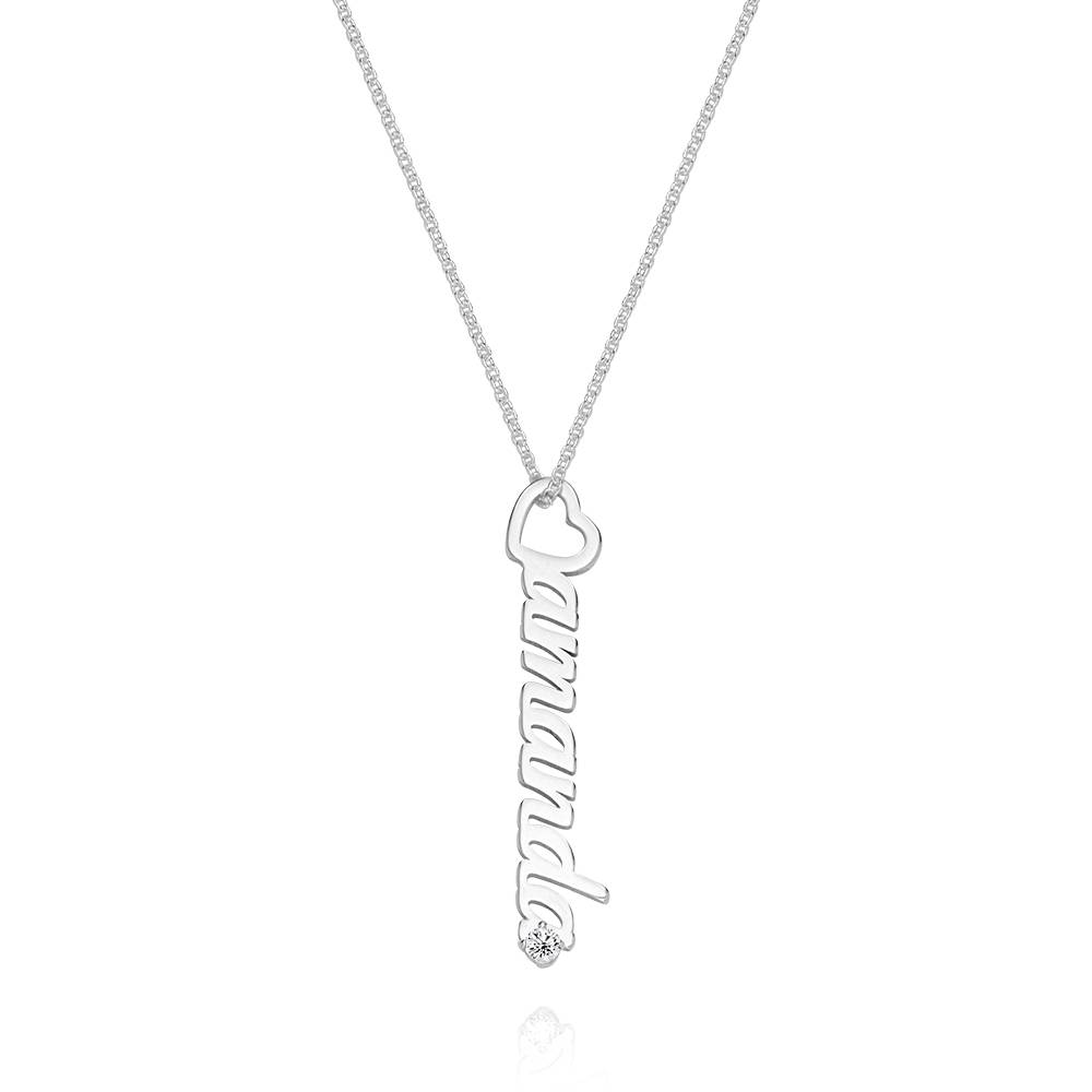 Collar de nombre vertical Heart Drop en plata de ley con 0.05CT diamantes-3 foto de producto