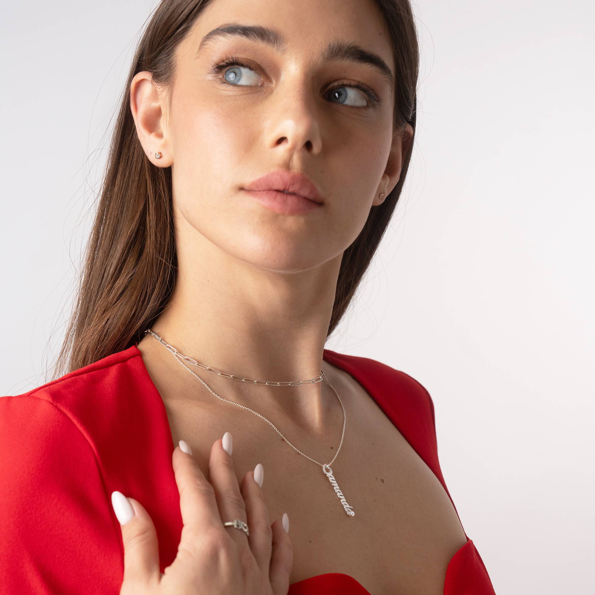 Collar de nombre vertical Heart Drop en chapa de oro rosa de 18K-5 foto de producto