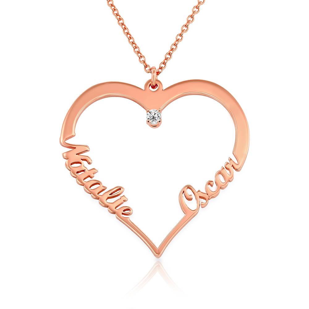 18k rosé goud vergulde hartvormige ketting met twee namen en 0.05ct diamant-3 Productfoto