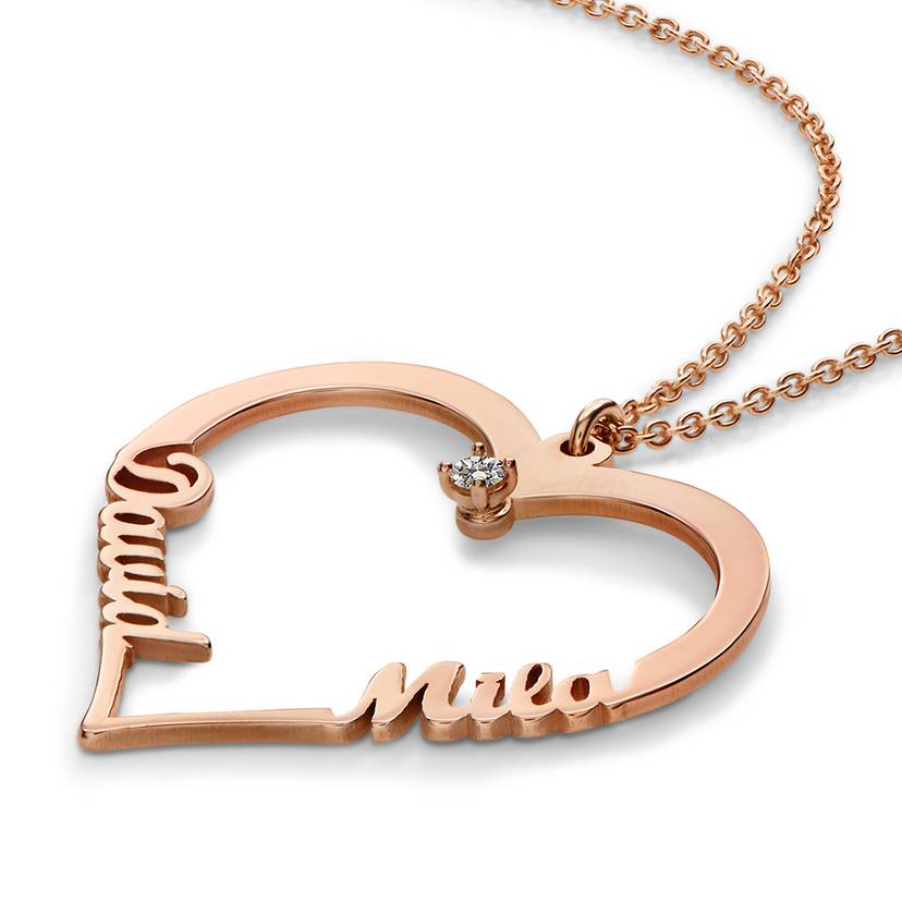 Contour Heart Pendant Necklace with Two Names and 0.05ct Lab Diamond in