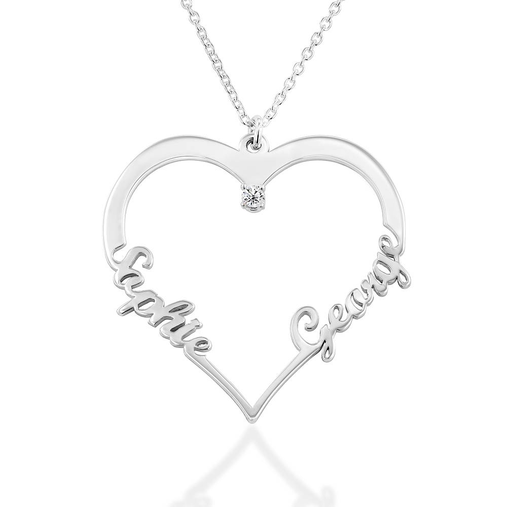 Collar Contour Heart con dos nombres con 0.05ct diamante en plata de ley foto de producto
