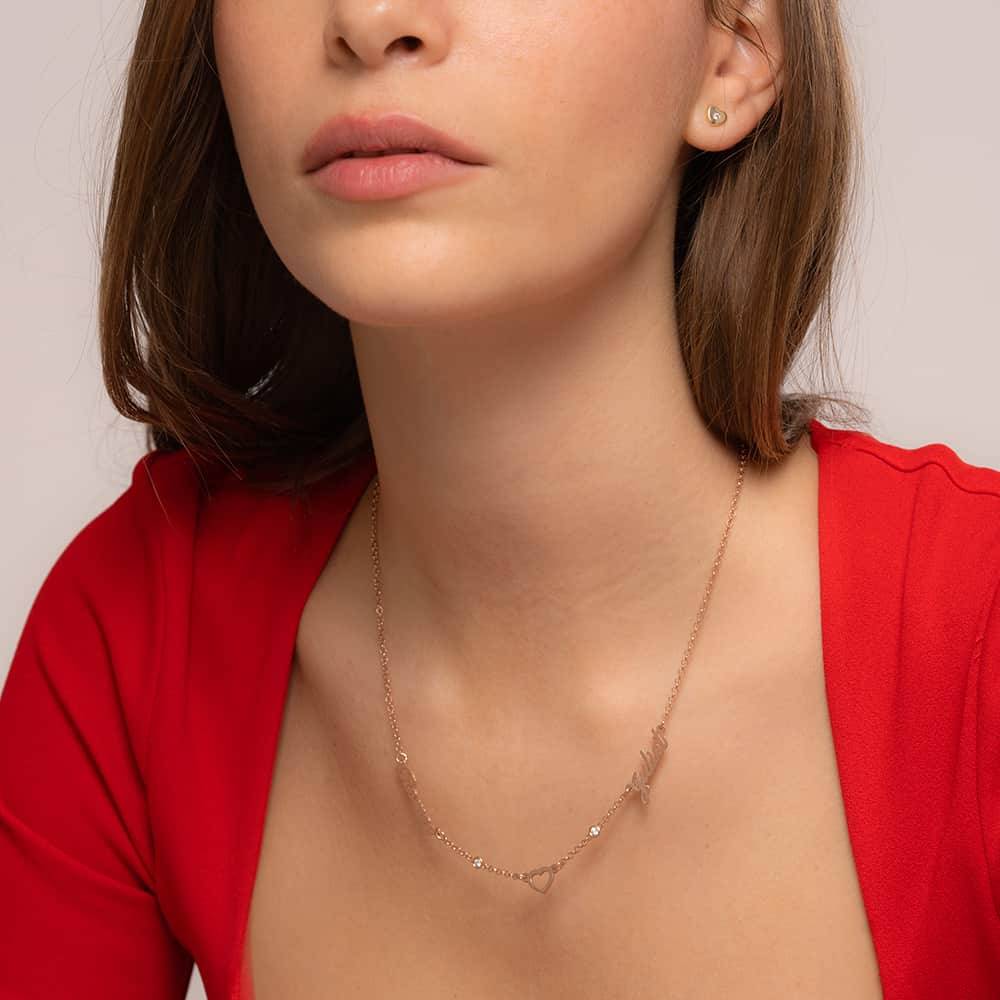 Lovers Heart Name Necklace With Diamonds in 18K Rose Gold Plating-4 product photo