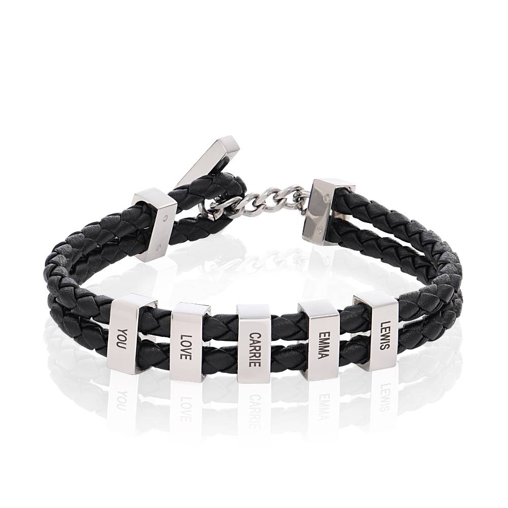 Hunter Braided T-Bar Leather Bracelet with Stainless Steel Engravable Beads for Men in Stainless Steel-2 product photo
